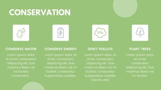 CONSERVATION
DON'T POLLUTE PLANT TREES
CONSERVE WATER
Lorem ipsum dolor
sit amet, consectetur
adipiscing elit. Duis
maximus libero vel
mi facilisis
consectetur.
CONSERVE ENERGY
Lorem ipsum dolor sit
amet, consectetur
adipiscing elit. Duis
maximus libero vel mi
facilisis consectetur.
Suspendisse sodales
Lorem ipsum dolor sit
amet, consectetur
adipiscing elit. Duis
maximus libero vel mi
facilisis consectetur.
Suspendisse sodales
lobortis erat
Lorem ipsum dolor
sit amet,
consectetur
adipiscing elit. Duis
maximus libero vel
mi facilisis
 