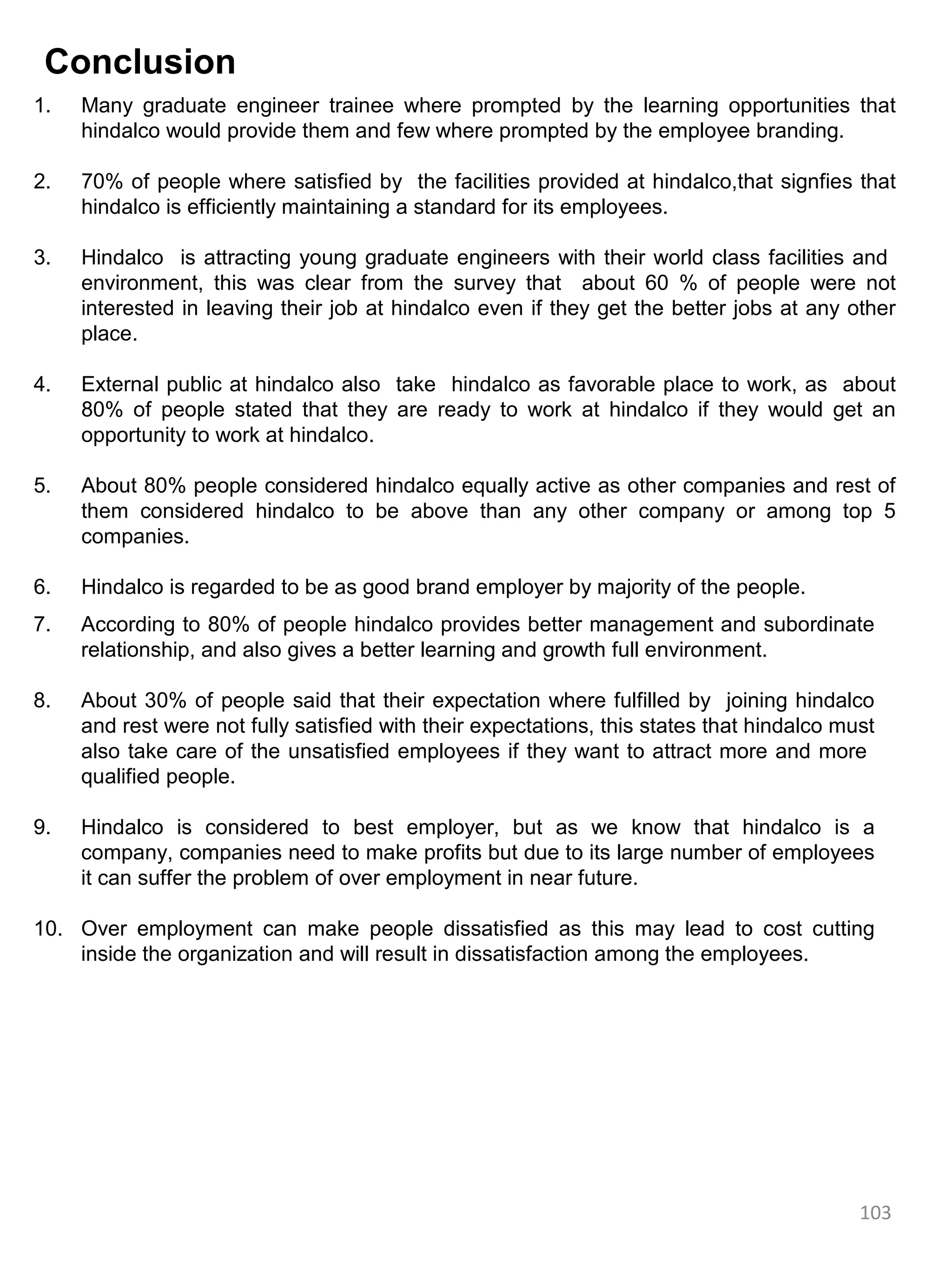 Conclusion
1.   Many graduate engineer trainee where prompted by the learning opportunities that
     hindalco would provide them and few where prompted by the employee branding.

2.   70% of people where satisfied by the facilities provided at hindalco,that signfies that
     hindalco is efficiently maintaining a standard for its employees.

3.   Hindalco is attracting young graduate engineers with their world class facilities and
     environment, this was clear from the survey that about 60 % of people were not
     interested in leaving their job at hindalco even if they get the better jobs at any other
     place.

4.   External public at hindalco also take hindalco as favorable place to work, as about
     80% of people stated that they are ready to work at hindalco if they would get an
     opportunity to work at hindalco.

5.   About 80% people considered hindalco equally active as other companies and rest of
     them considered hindalco to be above than any other company or among top 5
     companies.

6.   Hindalco is regarded to be as good brand employer by majority of the people.
7.   According to 80% of people hindalco provides better management and subordinate
     relationship, and also gives a better learning and growth full environment.

8.   About 30% of people said that their expectation where fulfilled by joining hindalco
     and rest were not fully satisfied with their expectations, this states that hindalco must
     also take care of the unsatisfied employees if they want to attract more and more
     qualified people.

9.   Hindalco is considered to best employer, but as we know that hindalco is a
     company, companies need to make profits but due to its large number of employees
     it can suffer the problem of over employment in near future.

10. Over employment can make people dissatisfied as this may lead to cost cutting
    inside the organization and will result in dissatisfaction among the employees.




                                                                                            103
 