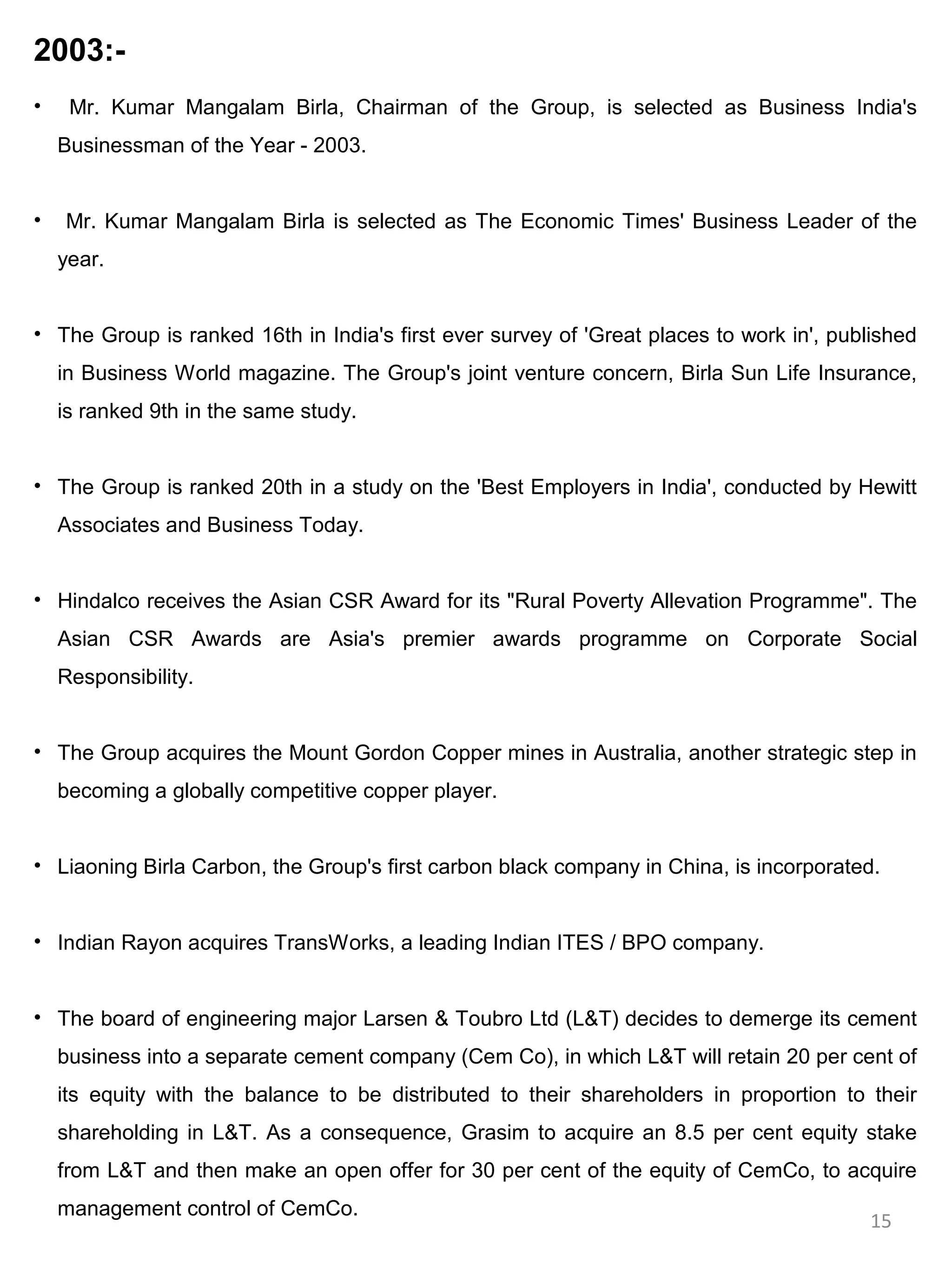 2003:-
•    Mr. Kumar Mangalam Birla, Chairman of the Group, is selected as Business India's
    Businessman of the Year - 2003.


•   Mr. Kumar Mangalam Birla is selected as The Economic Times' Business Leader of the
    year.


• The Group is ranked 16th in India's first ever survey of 'Great places to work in', published
    in Business World magazine. The Group's joint venture concern, Birla Sun Life Insurance,
    is ranked 9th in the same study.


• The Group is ranked 20th in a study on the 'Best Employers in India', conducted by Hewitt
    Associates and Business Today.


• Hindalco receives the Asian CSR Award for its "Rural Poverty Allevation Programme". The
    Asian CSR Awards are Asia's premier awards programme on Corporate Social
    Responsibility.


• The Group acquires the Mount Gordon Copper mines in Australia, another strategic step in
    becoming a globally competitive copper player.


• Liaoning Birla Carbon, the Group's first carbon black company in China, is incorporated.


• Indian Rayon acquires TransWorks, a leading Indian ITES / BPO company.


• The board of engineering major Larsen & Toubro Ltd (L&T) decides to demerge its cement
    business into a separate cement company (Cem Co), in which L&T will retain 20 per cent of
    its equity with the balance to be distributed to their shareholders in proportion to their
    shareholding in L&T. As a consequence, Grasim to acquire an 8.5 per cent equity stake
    from L&T and then make an open offer for 30 per cent of the equity of CemCo, to acquire
    management control of CemCo.
                                                                                          15
 