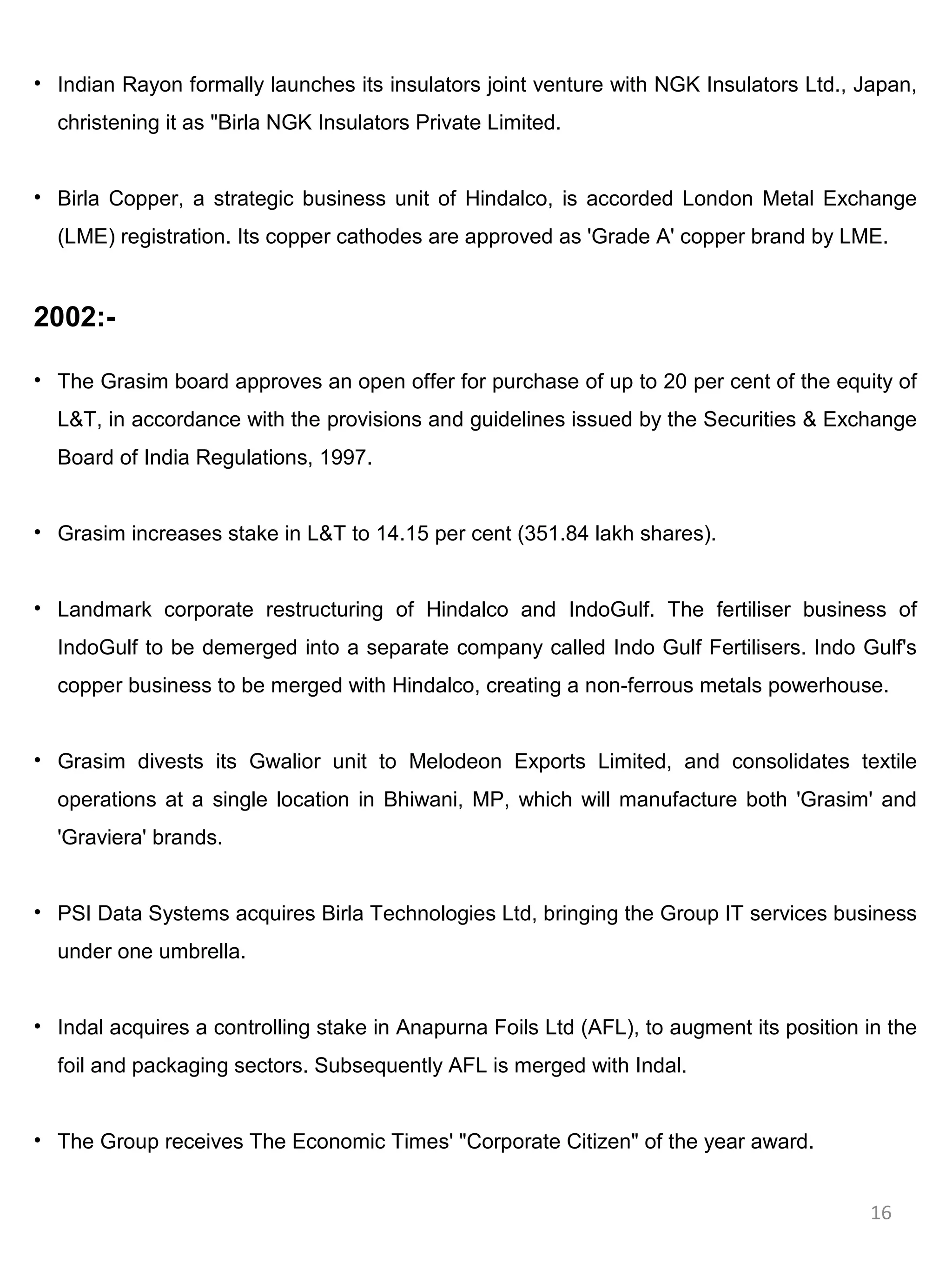 • Indian Rayon formally launches its insulators joint venture with NGK Insulators Ltd., Japan,
  christening it as "Birla NGK Insulators Private Limited.


• Birla Copper, a strategic business unit of Hindalco, is accorded London Metal Exchange
  (LME) registration. Its copper cathodes are approved as 'Grade A' copper brand by LME.


2002:-

• The Grasim board approves an open offer for purchase of up to 20 per cent of the equity of
  L&T, in accordance with the provisions and guidelines issued by the Securities & Exchange
  Board of India Regulations, 1997.


• Grasim increases stake in L&T to 14.15 per cent (351.84 lakh shares).


• Landmark corporate restructuring of Hindalco and IndoGulf. The fertiliser business of
  IndoGulf to be demerged into a separate company called Indo Gulf Fertilisers. Indo Gulf's
  copper business to be merged with Hindalco, creating a non-ferrous metals powerhouse.


• Grasim divests its Gwalior unit to Melodeon Exports Limited, and consolidates textile
  operations at a single location in Bhiwani, MP, which will manufacture both 'Grasim' and
  'Graviera' brands.


• PSI Data Systems acquires Birla Technologies Ltd, bringing the Group IT services business
  under one umbrella.


• Indal acquires a controlling stake in Anapurna Foils Ltd (AFL), to augment its position in the
  foil and packaging sectors. Subsequently AFL is merged with Indal.


• The Group receives The Economic Times' "Corporate Citizen" of the year award.


                                                                                          16
 