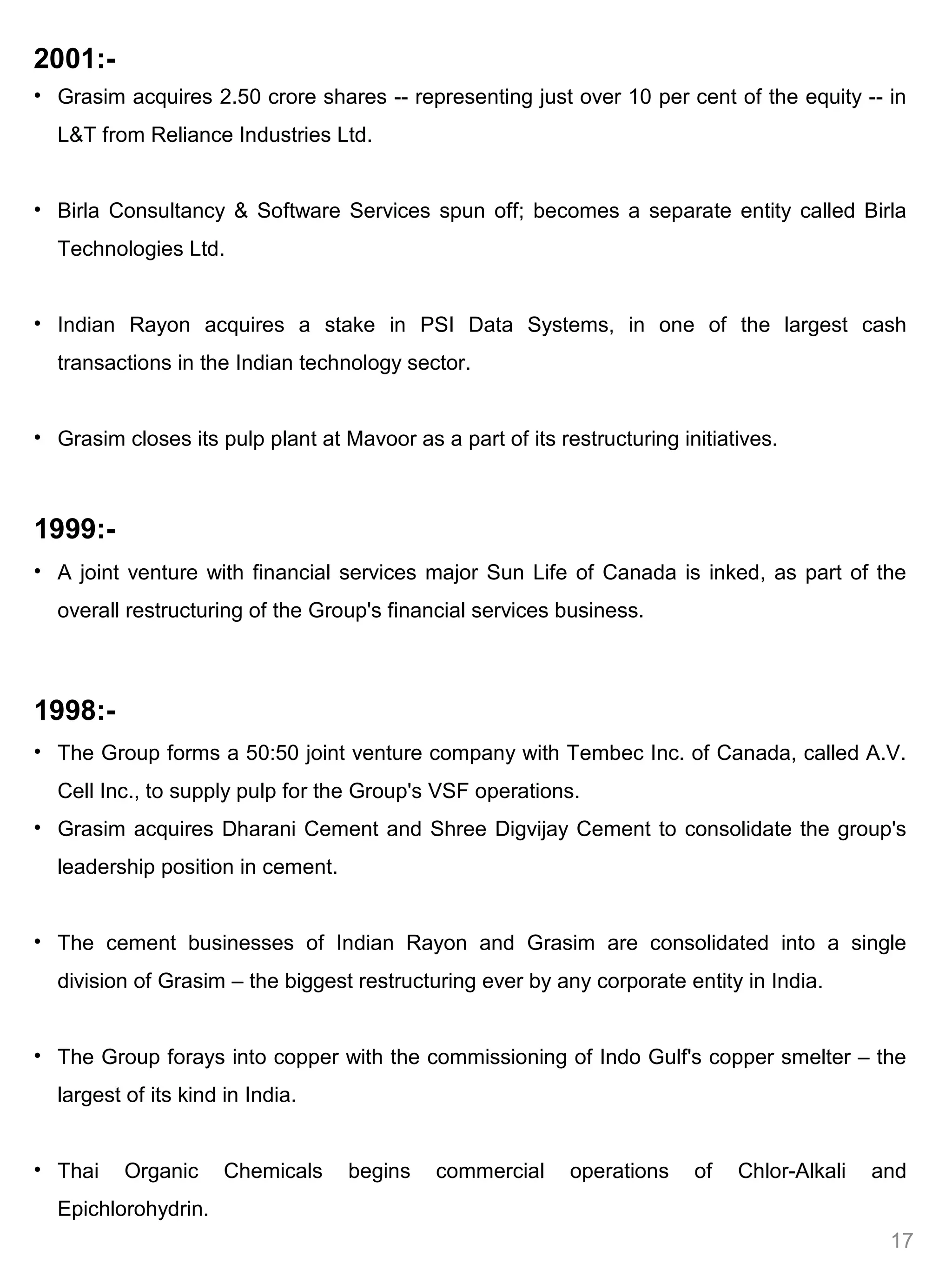 2001:-
• Grasim acquires 2.50 crore shares -- representing just over 10 per cent of the equity -- in
  L&T from Reliance Industries Ltd.


• Birla Consultancy & Software Services spun off; becomes a separate entity called Birla
  Technologies Ltd.


• Indian Rayon acquires a stake in PSI Data Systems, in one of the largest cash
  transactions in the Indian technology sector.


• Grasim closes its pulp plant at Mavoor as a part of its restructuring initiatives.



1999:-
• A joint venture with financial services major Sun Life of Canada is inked, as part of the
  overall restructuring of the Group's financial services business.



1998:-
• The Group forms a 50:50 joint venture company with Tembec Inc. of Canada, called A.V.
  Cell Inc., to supply pulp for the Group's VSF operations.
• Grasim acquires Dharani Cement and Shree Digvijay Cement to consolidate the group's
  leadership position in cement.


• The cement businesses of Indian Rayon and Grasim are consolidated into a single
  division of Grasim – the biggest restructuring ever by any corporate entity in India.


• The Group forays into copper with the commissioning of Indo Gulf's copper smelter – the
  largest of its kind in India.


• Thai    Organic     Chemicals    begins    commercial     operations    of   Chlor-Alkali   and
  Epichlorohydrin.
                                                                                               17
 