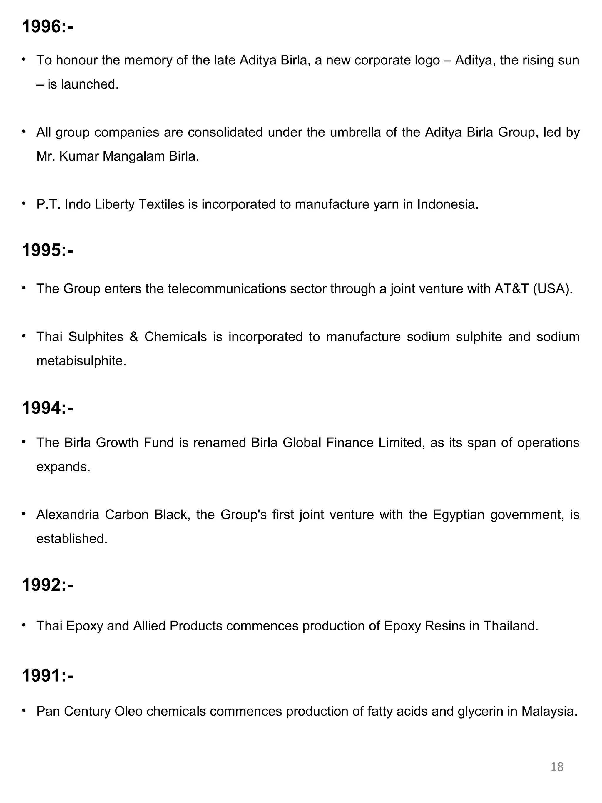 1996:-
• To honour the memory of the late Aditya Birla, a new corporate logo – Aditya, the rising sun
  – is launched.


• All group companies are consolidated under the umbrella of the Aditya Birla Group, led by
  Mr. Kumar Mangalam Birla.


• P.T. Indo Liberty Textiles is incorporated to manufacture yarn in Indonesia.


1995:-

• The Group enters the telecommunications sector through a joint venture with AT&T (USA).


• Thai Sulphites & Chemicals is incorporated to manufacture sodium sulphite and sodium
  metabisulphite.


1994:-
• The Birla Growth Fund is renamed Birla Global Finance Limited, as its span of operations
  expands.


• Alexandria Carbon Black, the Group's first joint venture with the Egyptian government, is
  established.


1992:-

• Thai Epoxy and Allied Products commences production of Epoxy Resins in Thailand.


1991:-
• Pan Century Oleo chemicals commences production of fatty acids and glycerin in Malaysia.



                                                                                         18
 