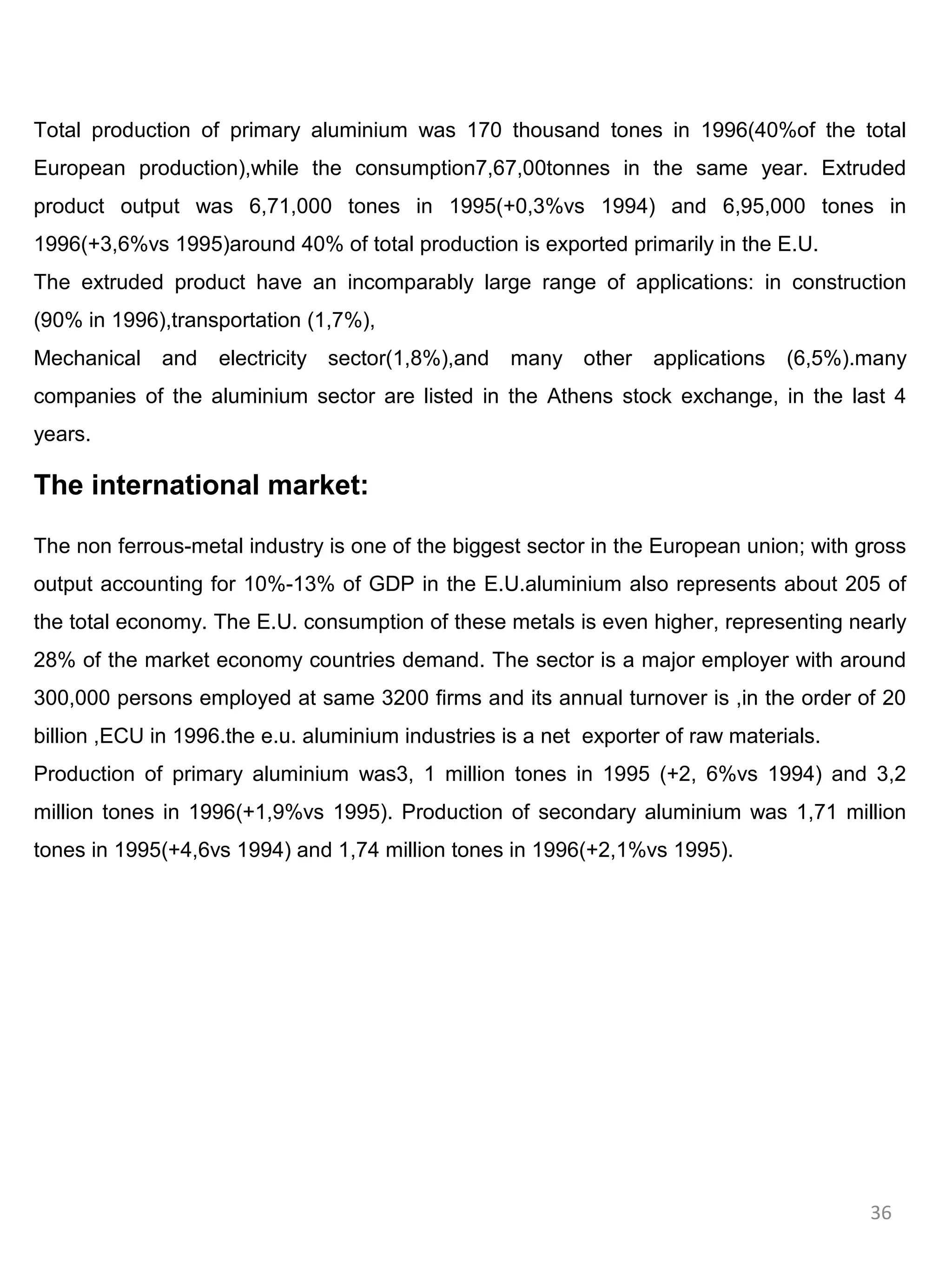 Total production of primary aluminium was 170 thousand tones in 1996(40%of the total
European production),while the consumption7,67,00tonnes in the same year. Extruded
product output was 6,71,000 tones in 1995(+0,3%vs 1994) and 6,95,000 tones in
1996(+3,6%vs 1995)around 40% of total production is exported primarily in the E.U.
The extruded product have an incomparably large range of applications: in construction
(90% in 1996),transportation (1,7%),
Mechanical    and   electricity sector(1,8%),and    many other     applications   (6,5%).many
companies of the aluminium sector are listed in the Athens stock exchange, in the last 4
years.

The international market:

The non ferrous-metal industry is one of the biggest sector in the European union; with gross
output accounting for 10%-13% of GDP in the E.U.aluminium also represents about 205 of
the total economy. The E.U. consumption of these metals is even higher, representing nearly
28% of the market economy countries demand. The sector is a major employer with around
300,000 persons employed at same 3200 firms and its annual turnover is ,in the order of 20
billion ,ECU in 1996.the e.u. aluminium industries is a net exporter of raw materials.
Production of primary aluminium was3, 1 million tones in 1995 (+2, 6%vs 1994) and 3,2
million tones in 1996(+1,9%vs 1995). Production of secondary aluminium was 1,71 million
tones in 1995(+4,6vs 1994) and 1,74 million tones in 1996(+2,1%vs 1995).




                                                                                         36
 