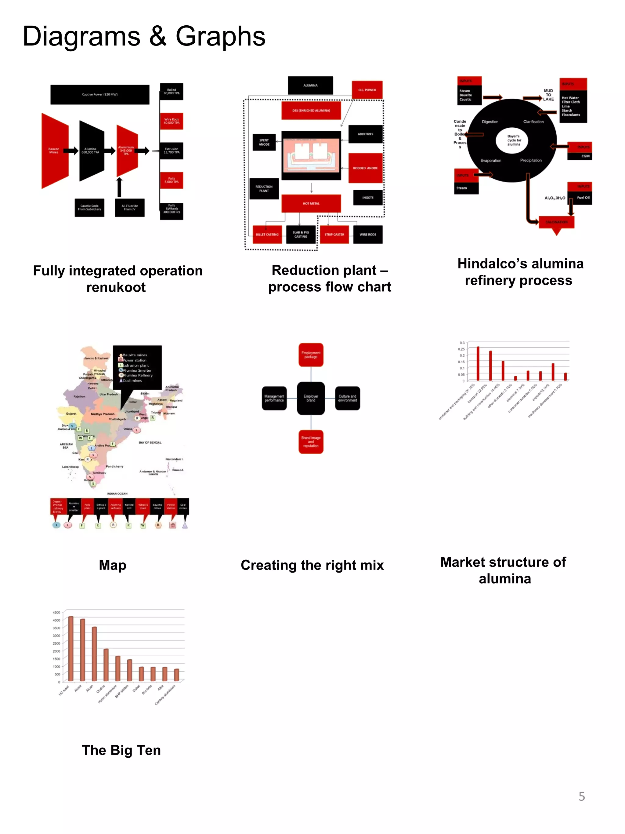 Diagrams & Graphs




                                 Reduction plant –      Hindalco’s alumina
Fully integrated operation
                                 process flow chart      refinery process
         renukoot




          Map                Creating the right mix   Market structure of
                                                           alumina




       The Big Ten


                                                                            5
 