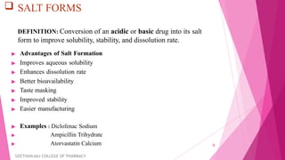 PT BY SELECTION OF DRUGS - SOLUBILITY , PARTITION COEFFITIENT , SALT ...