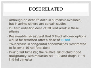 DOSE RELATED
• Although no definite data in humans is available,
but in animals there are certain studies
• I
n utero radiation dose of 200 rad result in these
effects
• Reasonable risk suggest that 0.1%of all conceptions
would be resorbed after a dose of 10 rad
• 1%increase in congenital abnormalities is estimated
to follow a 10 rad fetal dose
• During first trimester, the relative risk of child hood
malignancy with radiation is5----10 and drops 1----4
in third trimester
 