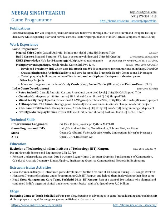 neeraj s thakur game developer resume 2017 game programmer resume