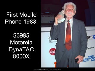 Evolution of Mobile Phones –  www.neeravbhatt.com First Mobile Phone 1983  $3995 Motorola DynaTAC 8000X 