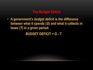 The Budget Deficit
• A government’s budget deficit is the difference
between what it spends (G) and what it collects in
taxes (T) in a given period:
BUDGET DEFICIT = G - T
 
