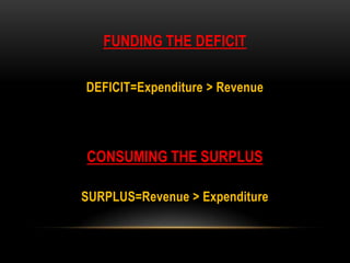FUNDING THE DEFICIT
DEFICIT=Expenditure > Revenue
CONSUMING THE SURPLUS
SURPLUS=Revenue > Expenditure
 