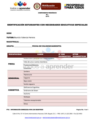 COMPONENTE PEDGÓGICO
IE…
2014
PTA – INFORMACIÓN ENREGADA POR LOS MAESTROS Página No. 1 de 1
Calle 43 No. 57-14 Centro Admi...
