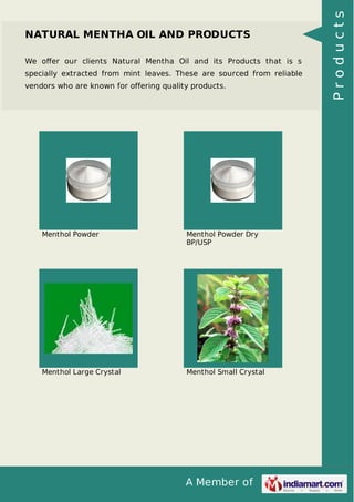 NATURAL MENTHA OIL AND PRODUCTS 
We offer our clients Natural Mentha Oil and its Products that is s 
specially extracted from mint leaves. These are sourced from reliable 
vendors who are known for offering quality products. 
Menthol Powder Menthol Powder Dry 
BP/USP 
Menthol Large Crystal Menthol Small Crystal 
A Member of 
P r o d u c t s 
 