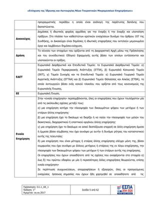 «Ενίσχυση της Ίδρυσης και Λειτουργίας Νέων Τουριστικών Μικρομεσαίων Επιχειρήσεων»
προγραμματικής
διαπιστώνεται.
περιόδου η οποία είναι ανάλογη της παράτυπης δαπάνης που
Δικαιούχος
Δημόσιος ή ιδιωτικός φορέας αρμόδιος για την έναρξη ή την έναρξη και υλοποίηση
πράξεων. Στο πλαίσιο των καθεστώτων κρατικών ενισχύσεων δυνάμει του άρθρου 107 της
Συνθήκης, οι Δικαιούχοι είναι δημόσιες ή ιδιωτικές επιχειρήσεις που εκτελούν μεμονωμένο
έργο και λαμβάνουν δημόσια ενίσχυση.
Δράση
Το σύνολο των στοιχείων που ορίζονται από τη Διαχειριστική Αρχή μέσω της Πρόσκλησης
και του συνοδευτικού Οδηγού Εφαρμογής αυτής βάσει των οποίων εντάσσονται και
υλοποιούνται οι πράξεις.
ΕΔΕΤ
Ευρωπαϊκά Διαρθρωτικά και Επενδυτικά Ταμεία: τα Ευρωπαϊκά Διαρθρωτικά Ταμεία: α)
Ευρωπαϊκό Ταμείο Περιφερειακής Ανάπτυξης (ΕΤΠΑ), β) Ευρωπαϊκό Κοινωνικό Ταμείο
(ΕΚΤ), γ) Ταμείο Συνοχής και τα Επενδυτικά Ταμεία: α) Ευρωπαϊκό Γεωργικό Ταμείο
Αγροτικής Ανάπτυξης (ΕΓΤΑΑ) και β) Ευρωπαϊκό Ταμείο Θάλασσας και Αλιείας (ΕΤΘΑ), τα
οποία λειτουργούν βάσει ενός κοινού πλαισίου που ορίζεται από τους κανονισμούς της
Ευρωπαϊκής Ένωσης.
ΕΕ Ευρωπαϊκή Ένωση.
Ενιαία
Επιχείρηση
Στην «ενιαία επιχείρηση» περιλαμβάνονται, όλες οι επιχειρήσεις που έχουν τουλάχιστον μία
από τις ακόλουθες σχέσεις μεταξύ τους:
α) μια επιχείρηση κατέχει την πλειοψηφία των δικαιωμάτων ψήφου των μετόχων ή των
εταίρων άλλης επιχείρησης·
β) μια επιχείρηση έχει το δικαίωμα να διορίζει ή να παύει την πλειοψηφία των μελών του
διοικητικού, διαχειριστικού ή εποπτικού οργάνου άλλης επιχείρησης·
γ) μια επιχείρηση έχει το δικαίωμα να ασκεί δεσπόζουσα επιρροή σε άλλη επιχείρηση άμεσα
ή έμμεσα βάσει σύμβασης που έχει συνάψει με αυτήν ή δυνάμει ρήτρας του καταστατικού
αυτής της τελευταίας·
δ) μια επιχείρηση που είναι μέτοχος ή εταίρος άλλης επιχείρησης ελέγχει μόνη της, βάσει
συμφωνίας που έχει συνάψει με άλλους μετόχους ή εταίρους της εν λόγω επιχείρησης, την
πλειοψηφία των δικαιωμάτων ψήφου των μετόχων ή των εταίρων αυτής της επιχείρησης.
Οι επιχειρήσεις που έχουν οποιαδήποτε από τις σχέσεις που αναφέρονται στα στοιχεία α)
έως δ) του πρώτου εδαφίου με μία ή περισσότερες άλλες επιχειρήσεις θεωρούνται, επίσης
ενιαία επιχείρηση»
Σε περίπτωση συγχωνεύσεων, απορροφήσεων ή εξαγορών, όλες οι προηγούμενες
ενισχύσεις ήσσονος σημασίας που έχουν ήδη χορηγηθεί σε οποιαδήποτε από τις
Πρόσκληση: Ο.Ι.1_ΚΕ_1
Έκδοση: 1η
Ημερ/νια: xx.xx.2017
Σελίδα 5 από 62
ΑΔΑ: ΩΞ16465ΧΙ8-Ο4Θ
 
