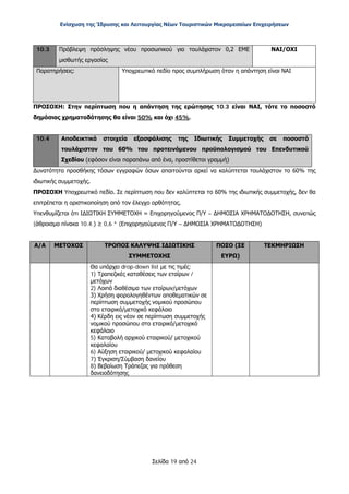Ενίσχυση της Ίδρυσης και Λειτουργίας Νέων Τουριστικών Μικρομεσαίων Επιχειρήσεων
Σελίδα 19 από 24
10.3 Πρόβλεψη πρόσληψης νέου προσωπικού για τουλάχιστον 0,2 ΕΜΕ
μισθωτής εργασίας
ΝΑΙ/ΟΧΙ
Παρατηρήσεις: Υποχρεωτικό πεδίο προς συμπλήρωση όταν η απάντηση είναι ΝΑΙ
ΠΡΟΣΟΧΗ: Στην περίπτωση που η απάντηση της ερώτησης 10.3 είναι ΝΑΙ, τότε το ποσοστό
δημόσιας χρηματοδότησης θα είναι 50% και όχι 45%.
10.4 Αποδεικτικά στοιχεία εξασφάλισης της Ιδιωτικής Συμμετοχής σε ποσοστό
τουλάχιστον του 60% του προτεινόμενου προϋπολογισμού του Επενδυτικού
Σχεδίου (εφόσον είναι παραπάνω από ένα, προστίθεται γραμμή)
Δυνατότητα προσθήκης τόσων εγγραφών όσων απαιτούνται αρκεί να καλύπτεται τουλάχιστον το 60% της
ιδιωτικής συμμετοχής.
ΠΡΟΣΟΧΗ Υποχρεωτικό πεδίο. Σε περίπτωση που δεν καλύπτεται το 60% της ιδιωτικής συμμετοχής, δεν θα
επιτρέπεται η οριστικοποίηση από τον έλεγχο ορθότητας.
Υπενθυμίζεται ότι ΙΔΙΩΤΙΚΗ ΣΥΜΜΕΤΟΧΗ = Επιχορηγούμενος Π/Υ – ΔΗΜΟΣΙΑ ΧΡΗΜΑΤΟΔΟΤΗΣΗ, συνεπώς
(άθροισμα πίνακα 10.4.) ≥ 0,6 * (Επιχορηγούμενος Π/Υ – ΔΗΜΟΣΙΑ ΧΡΗΜΑΤΟΔΟΤΗΣΗ)
Α/Α ΜΕΤΟΧΟΣ ΤΡΟΠΟΣ ΚΑΛΥΨΗΣ ΙΔΙΩΤΙΚΗΣ
ΣΥΜΜΕΤΟΧΗΣ
ΠΟΣΟ (ΣΕ
ΕΥΡΩ)
ΤΕΚΜΗΡΙΩΣΗ
Θα υπάρχει drop-down list με τις τιμές:
1) Τραπεζικές καταθέσεις των εταίρων /
μετόχων
2) Λοιπά διαθέσιμα των εταίρων/μετόχων
3) Χρήση φορολογηθέντων αποθεματικών σε
περίπτωση συμμετοχής νομικού προσώπου
στο εταιρικό/μετοχικό κεφάλαιο
4) Κέρδη εις νέον σε περίπτωση συμμετοχής
νομικού προσώπου στο εταιρικό/μετοχικό
κεφάλαιο
5) Καταβολή αρχικού εταιρικού/ μετοχικού
κεφαλαίου
6) Αύξηση εταιρικού/ μετοχικού κεφαλαίου
7) Έγκριση/Σύμβαση δανείου
8) Βεβαίωση Τράπεζας για πρόθεση
δανειοδότησης
ΑΔΑ: ΩΞ16465ΧΙ8-Ο4Θ
 