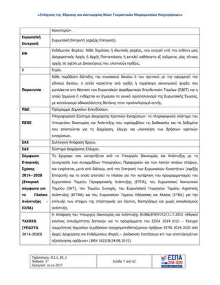 «Ενίσχυση της Ίδρυσης και Λειτουργίας Νέων Τουριστικών Μικρομεσαίων Επιχειρήσεων»
Καινοτομία».
Ευρωπαϊκή
Επιτροπή
Ευρωπαϊκή Επιτροπή (εφεξής Επιτροπή).
ΕΦ
Ενδιάμεσος Φορέας: Κάθε δημόσιος ή ιδιωτικός φορέας, που ενεργεί υπό την ευθύνη μιας
Διαχειριστικής Αρχής ή Αρχής Πιστοποίησης ή εκτελεί καθήκοντα εξ ονόματος μίας τέτοιας
αρχής σε σχέση με Δικαιούχους που υλοποιούν πράξεις.
€ Ευρώ.
Παρατυπία
Κάθε παράβαση διάταξης του ενωσιακού δικαίου ή του σχετικού με την εφαρμογή του
εθνικού δικαίου, η οποία προκύπτει από πράξη ή παράλειψη οικονομικού φορέα που
εμπλέκεται στη θέσπιση των Ευρωπαϊκών Διαρθρωτικών Επενδυτικών Ταμείων (ΕΔΕΤ) και η
οποία ζημιώνει ή ενδέχεται να ζημιώσει το γενικό προϋπολογισμό της Ευρωπαϊκής Ένωσης,
με καταλογισμό αδικαιολόγητης δαπάνης στον προϋπολογισμό αυτής.
ΠΔΕ Πρόγραμμα Δημοσίων Επενδύσεων.
ΠΣΚΕ
Πληροφοριακό Σύστημα Διαχείρισης Κρατικών Ενισχύσεων: το πληροφοριακό σύστημα του
Υπουργείου Οικονομίας και Ανάπτυξης που περιλαμβάνει τις διαδικασίες και τα δεδομένα
που απαιτούνται για τη διαχείριση, έλεγχο και υλοποίηση των δράσεων κρατικών
ενισχύσεων.
ΣΑΕ Συλλογική Απόφαση Έργου.
ΣΔΕ Σύστημα Διαχείρισης Ελέγχου.
Σύμφωνο
Εταιρικής
Σχέσης
2014−2020
(Εταιρικό
σύμφωνο για
το Πλαίσιο
Ανάπτυξης -
ΕΣΠΑ)
Το έγγραφο που καταρτίζεται από το Υπουργείο Οικονομίας και Ανάπτυξης με τη
συνεργασία των συναρμόδιων Υπουργείων, Περιφερειών και των λοιπών οικείων εταίρων,
και εγκρίνεται, μετά από διάλογο, από την Επιτροπή των Ευρωπαϊκών Κοινοτήτων (εφεξής
Επιτροπή) και το οποίο αποτελεί το πλαίσιο για την κατάρτιση του προγραμματισμού του
Ευρωπαϊκού Ταμείου Περιφερειακής Ανάπτυξης (ΕΤΠΑ), του Ευρωπαϊκού Κοινωνικού
Ταμείου (ΕΚΤ), του Ταμείου Συνοχής, του Ευρωπαϊκού Γεωργικού Ταμείου Αγροτικής
Ανάπτυξης (ΕΓΤΑΑ) και του Ευρωπαϊκού Ταμείου Θάλασσας και Αλιείας (ΕΤΘΑ) για την
επίτευξη των στόχων της στρατηγικής για έξυπνη, διατηρήσιμη και χωρίς αποκλεισμούς
ανάπτυξη.
ΥΑΕΚΕΔ
(ΥΠΑΣΥΔ
2014-2020)
Η Απόφαση του Υπουργού Οικονομίας και Ανάπτυξης 81986/ΕΥΘΥ712/31.7.2015 «Εθνικοί
κανόνες επιλεξιμότητας δαπανών για τα προγράμματα του ΕΣΠΑ 2014-2020 – Έλεγχοι
νομιμότητας δημοσίων συμβάσεων συγχρηματοδοτούμενων πράξεων ΕΣΠΑ 2014-2020 από
Αρχές Διαχείρισης και Ενδιάμεσους Φορείς – Διαδικασία Ενστάσεων επί των αποτελεσμάτων
αξιολόγησης πράξεων» (ΦΕΚ 1822/Β/24.08.2015).
Πρόσκληση: Ο.Ι.1_ΚΕ_1
Έκδοση: 1η
Ημερ/νια: xx.xx.2017
Σελίδα 7 από 62
ΑΔΑ: ΩΞ16465ΧΙ8-Ο4Θ
 