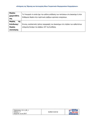«Ενίσχυση της Ίδρυσης και Λειτουργίας Νέων Τουριστικών Μικρομεσαίων Επιχειρήσεων»
Φορέας
χρηματοδότη
σης
Το Υπουργείο το οποίο έχει την ευθύνη απόδοσης των πιστώσεων στο Δικαιούχο ή στον
Ενδιάμεσο Φορέα στην περίπτωση πράξεων κρατικών ενισχύσεων.
Φορέας της
Επένδυσης/
Φορέας
υλοποίησης
Άτυπος, εναλλακτικός τρόπος περιγραφής των Δικαιούχων στο πλαίσιο των καθεστώτων
ενίσχυσης δυνάμει του άρθρου 107 της Συνθήκης.
Πρόσκληση: Ο.Ι.1_ΚΕ_1
Έκδοση: 1η
Ημερ/νια: xx.xx.2017
Σελίδα 8 από 62
ΑΔΑ: ΩΞ16465ΧΙ8-Ο4Θ
 