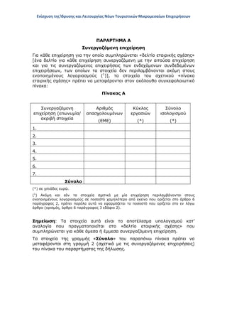 Ενίσχυση της Ίδρυσης και Λειτουργίας Νέων Τουριστικών Μικρομεσαίων Επιχειρήσεων
ΠΑΡΑΡΤΗΜΑ Α
Συνεργαζόμενη επιχείρηση
Για κάθε επιχείρηση για την οποία συμπληρώνεται «δελτίο εταιρικής σχέσης»
[ένα δελτίο για κάθε επιχείρηση συνεργαζόμενη με την αιτούσα επιχείρηση
και για τις συνεργαζόμενες επιχειρήσεις των ενδεχόμενων συνδεδεμένων
επιχειρήσεων, των οποίων τα στοιχεία δεν περιλαμβάνονται ακόμη στους
ενοποιημένους λογαριασμούς (1
)], τα στοιχεία του σχετικού «πίνακα
εταιρικής σχέσης» πρέπει να μεταφέρονται στον ακόλουθο συγκεφαλαιωτικό
πίνακα:
Πίνακας Α
Συνεργαζόμενη
επιχείρηση (επωνυμία/
ακριβή στοιχεία
Αριθμός
απασχολουμένων
(ΕΜΕ)
Κύκλος
εργασιών
(*)
Σύνολο
ισολογισμού
(*)
1.
2.
3.
4.
5.
6.
7.
Σύνολο
(*) σε χιλιάδες ευρώ.
(1
) Ακόμη και εάν τα στοιχεία σχετικά με μία επιχείρηση περιλαμβάνονται στους
ενοποιημένους λογαριασμούς σε ποσοστό χαμηλότερο από εκείνο που ορίζεται στο άρθρο 6
παράγραφος 2, πρέπει παρόλα αυτά να εφαρμόζεται το ποσοστό που ορίζεται στο εν λόγω
άρθρο (ορισμός, άρθρο 6 παράγραφος 3 εδάφιο 2).
Σημείωση: Τα στοιχεία αυτά είναι το αποτέλεσμα υπολογισμού κατ’
αναλογία που πραγματοποιείται στο «δελτίο εταιρικής σχέσης» που
συμπληρώνεται για κάθε άμεσα ή έμμεσα συνεργαζόμενη επιχείρηση.
Τα στοιχεία της γραμμής «Σύνολο» του παραπάνω πίνακα πρέπει να
μεταφέρονται στη γραμμή 2 (σχετικά με τις συνεργαζόμενες επιχειρήσεις)
του πίνακα του παραρτήματος της δήλωσης.
ΑΔΑ: ΩΞ16465ΧΙ8-Ο4Θ
 