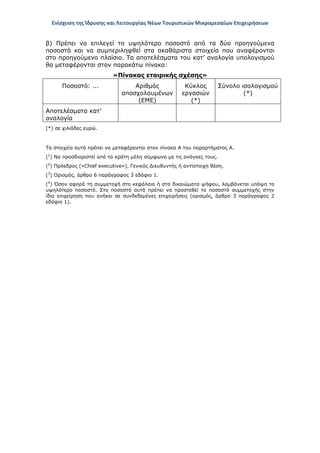 Ενίσχυση της Ίδρυσης και Λειτουργίας Νέων Τουριστικών Μικρομεσαίων Επιχειρήσεων
β) Πρέπει να επιλεγεί το υψηλότερο ποσοστό από τα δύο προηγούμενα
ποσοστά και να συμπεριληφθεί στα ακαθάριστα στοιχεία που αναφέρονται
στο προηγούμενο πλαίσιο. Τα αποτελέσματα του κατ’ αναλογία υπολογισμού
θα μεταφέρονται στον παρακάτω πίνακα:
«Πίνακας εταιρικής σχέσης»
Ποσοστό: ... Αριθμός
απασχολουμένων
(ΕΜΕ)
Κύκλος
εργασιών
(*)
Σύνολο ισολογισμού
(*)
Αποτελέσματα κατ’
αναλογία
(*) σε χιλιάδες ευρώ.
Τα στοιχεία αυτά πρέπει να μεταφέρονται στον πίνακα Α του παραρτήματος Α.
(1
) Να προσδιοριστεί από τα κράτη μέλη σύμφωνα με τις ανάγκες τους.
(2
) Πρόεδρος («Chief executive»), Γενικός Διευθυντής ή αντίστοιχη θέση.
(3
) Ορισμός, άρθρο 6 παράγραφος 3 εδάφιο 1.
(4
) Όσον αφορά τη συμμετοχή στο κεφάλαιο ή στα δικαιώματα ψήφου, λαμβάνεται υπόψη το
υψηλότερο ποσοστό. Στο ποσοστό αυτό πρέπει να προστεθεί το ποσοστό συμμετοχής στην
ίδια επιχείρηση που ανήκει σε συνδεδεμένες επιχειρήσεις (ορισμός, άρθρο 3 παράγραφος 2
εδάφιο 1).
ΑΔΑ: ΩΞ16465ΧΙ8-Ο4Θ
 