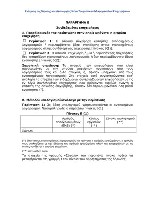 Ενίσχυση της Ίδρυσης και Λειτουργίας Νέων Τουριστικών Μικρομεσαίων Επιχειρήσεων
ΠΑΡΑΡΤΗΜΑ Β
Συνδεδεμένες επιχειρήσεις
Α. Προσδιορισμός της περίπτωσης στην οποία υπάγεται η αιτούσα
επιχείρηση
Περίπτωση 1: Η αιτούσα επιχείρηση καταρτίζει ενοποιημένους
λογαριασμούς ή περιλαμβάνεται βάσει ενοποίησης στους ενοποιημένους
λογαριασμούς άλλης συνδεδεμένης επιχείρησης [πίνακας Β(1)].
Περίπτωση 2: Η αιτούσα επιχείρηση ή μία ή περισσότερες επιχειρήσεις
δεν καταρτίζουν ενοποιημένους λογαριασμούς ή δεν περιλαμβάνονται βάσει
ενοποίησης [πίνακας Β(2)].
Σημαντική σημείωση: Τα στοιχεία των επιχειρήσεων που είναι
συνδεδεμένες με την αιτούσα επιχείρηση προκύπτουν από τους
λογαριασμούς τους και άλλα στοιχεία, ή, εφόσον υπάρχουν, από τους
ενοποιημένους λογαριασμούς. Στα στοιχεία αυτά συγκεντρώνονται κατ’
αναλογία τα στοιχεία των ενδεχόμενων συνεργαζόμενων επιχειρήσεων με τις
εν λόγω συνδεδεμένες επιχειρήσεις, που βρίσκονται ακριβώς ανάντη ή
κατάντη της αιτούσας επιχείρησης, εφόσον δεν περιλαμβάνονται ήδη βάσει
ενοποίησης (1
).
Β. Μέθοδοι υπολογισμού ανάλογα με την περίπτωση
Περίπτωση 1: Ως βάση υπολογισμού χρησιμοποιούνται οι ενοποιημένοι
λογαριασμοί. Να συμπληρωθεί ο παρακάτω πίνακας Β(1)
Πίνακας Β (1)
Αριθμός
απασχολουμένων
(ΕΜΕ) (*)
Κύκλος
εργασιών
(**)
Σύνολο ισολογισμού
(**)
Σύνολο
(*) Όταν στους ενοποιημένους λογαριασμούς δεν φαίνεται ο αριθμός εργαζομένων, ο αριθμός
τους υπολογίζεται με την άθροιση του αριθμού εργαζομένων όλων των επιχειρήσεων με τις
οποίες συνδέεται η αιτούσα επιχείρηση.
(**) σε χιλιάδες ευρώ.
Τα στοιχεία της γραμμής «Σύνολο» του παραπάνω πίνακα πρέπει να
μεταφέρονται στη γραμμή 1 του πίνακα του παραρτήματος της δήλωσης.
ΑΔΑ: ΩΞ16465ΧΙ8-Ο4Θ
 