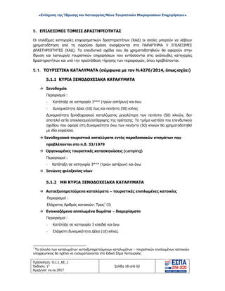 «Ενίσχυση της Ίδρυσης και Λειτουργίας Νέων Τουριστικών Μικρομεσαίων Επιχειρήσεων»
5. ΕΠΙΛΕΞΙΜΟΙ ΤΟΜΕΙΣ ΔΡΑΣΤΗΡΙΟΤΗΤΑΣ
Οι επιλέξιμες κατηγορίες επιχειρηματικών δραστηριοτήτων (ΚΑΔ) οι οποίες μπορούν να λάβουν
χρηματοδότηση από τη παρούσα Δράση αναφέρονται στο ΠΑΡΑΡΤΗΜΑ V ΕΠΙΛΕΞΙΜΕΣ
ΔΡΑΣΤΗΡΙΟΤΗΤΕΣ (ΚΑΔ). Τα επενδυτικά σχέδια που θα χρηματοδοτηθούν θα αφορούν στην
ίδρυση και λειτουργία τουριστικών επιχειρήσεων που εντάσσονται στις ακόλουθες κατηγορίες
δραστηριοτήτων και υπό την προϋπόθεση τήρησης των περιορισμών, όπου προβλέπονται:
5.1. ΤΟΥΡΙΣΤΙΚΑ ΚΑΤΑΛΥΜΑΤΑ (σύμφωνα με τον Ν.4276/2014, όπως ισχύει)
5.1.1 ΚΥΡΙΑ ΞΕΝΟΔΟΧΕΙΑΚΑ ΚΑΤΑΛΥΜΑΤΑ
 Ξενοδοχεία
Περιορισμοί :
- Κατάταξη σε κατηγορία 3*** (τριών αστέρων) και άνω
- Δυναμικότητα Δέκα (10) έως και πενήντα (50) κλίνες
Δυναμικότητα ξενοδοχειακού καταλύματος μεγαλύτερη των πενήντα (50) κλινών, δεν
αποτελεί αιτία αποκλεισμού/απόρριψης της πρότασης. Το τμήμα ωστόσο του επενδυτικού
σχεδίου που αφορά στη δυναμικότητα άνω των πενήντα (50) κλινών θα χρηματοδοτηθεί
με ιδία κεφάλαια.
 Ξενοδοχειακά τουριστικά καταλύματα εντός παραδοσιακών κτισμάτων που
προβλέπονται στο π.δ. 33/1979
 Οργανωμένες τουριστικές κατασκηνώσεις (camping)
Περιορισμοί :
- Κατάταξη σε κατηγορία 3*** (τριών αστέρων) και άνω
 Ξενώνες φιλοξενίας νέων
5.1.2 ΜΗ ΚΥΡΙΑ ΞΕΝΟΔΟΧΕΙΑΚΑ ΚΑΤΑΛΥΜΑΤΑ
 Αυτοεξυπηρετούμενα καταλύματα – τουριστικές επιπλωμένες κατοικίες
Περιορισμοί :
Ελάχιστος Αριθμός κατοικιών: Τρεις1
(3)
 Ενοικιαζόμενα επιπλωμένα δωμάτια – διαμερίσματα
Περιορισμοί :
- Κατάταξη σε κατηγορία 3 κλειδιά και άνω
- Ελάχιστη δυναμικότητα Δέκα (10) κλίνες
1
Το σύνολο των καταλυμάτων αυτοεξυπηρετούμενων καταλυμάτων – τουριστικών επιπλωμένων κατοικιών
υποχρεωτικώς θα πρέπει να ενσωματώνονται στο Ειδικό Σήμα Λειτουργίας
Πρόσκληση: Ο.Ι.1_ΚΕ_1
Έκδοση: 1η
Ημερ/νια: xx.xx.2017
Σελίδα 18 από 62
ΑΔΑ: ΩΞ16465ΧΙ8-Ο4Θ
 