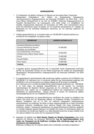 ΑΠΟΦΑΣΙΖΟΥΜΕ
1. Την Πρόσκληση της Δράσης «Ενίσχυση της Ίδρυσης και Λειτουργίας Νέων Τουριστικών
Μικρομεσαίων Επιχειρήσεων» στο πλαίσιο του Επιχειρησιακού Προγράμματος
«Ανταγωνιστικότητα, Επιχειρηματικότητα και Καινοτομία (ΕΠΑνΕΚ)» του ΕΣΠΑ 2014 – 2020,
στους Άξονες Προτεραιότητας 01 και 01Σ του ΕΠΑΝΕΚ: «Ανάπτυξη Επιχειρηματικότητας με
Τομεακές Προτεραιότητες», και συγκεκριμένα, στον ειδικό στόχο: 1.4 «Αναβάθμιση του
επιπέδου επιχειρηματικής οργάνωσης και λειτουργίας των ΜΜΕ, κατά προτεραιότητα στους
εννέα (9) στρατηγικούς τομείς της χώρας» και την επενδυτική προτεραιότητα 3c: «Στήριξη της
δημιουργίας και της επέκτασης προηγμένων ικανοτήτων για την ανάπτυξη προϊόντων και
υπηρεσιών».
2. Η δράση χρηματοδοτείται με το συνολικό ποσό των 120.000.000 € (Δημόσια Δαπάνη) και
κατανέμεται στις περιφέρειες της χώρας ως εξής:
ΠΕΡΙΦΕΡΕΙΕΣ ΔΗΜΟΣΙΑ ΔΑΠΑΝΗ (σε €)
Ανατολική Μακεδονία & Θράκη,
Κεντρική Μακεδονία, Ήπειρος,
Θεσσαλία, Δυτική Ελλάδα
45.000.000
Δυτική Μακεδονία, Ιόνια Νησιά,
Πελοπόννησος, Βόρειο Αιγαίο, Κρήτη
40.000.000
Αττική 15.000.000
Στερεά Ελλάδα 5.000.000
Νότιο Αιγαίο 15.000.000
ΣΥΝΟΛΟ 120.000.000
3. Η Δημόσια Δαπάνη συγχρηματοδοτείται από το Ευρωπαϊκό Ταμείο Περιφερειακής Ανάπτυξης
(ΕΤΠΑ) της Ευρωπαϊκής Ένωσης και από Εθνική Συμμετοχή στο πλαίσιο του Επιχειρησιακού
Προγράμματος «Ανταγωνιστικότητα, Επιχειρηματικότητα και Καινοτομία (ΕΠΑνΕΚ)» του ΕΣΠΑ
2014 – 2020.
4. Ο επιχορηγούμενος προϋπολογισμός κάθε επενδυτικού σχεδίου κυμαίνεται από 25.000,00 € έως
400.000,00 €. Σε περίπτωση που το επενδυτικό σχέδιο θα έχει προϋπολογισμό μικρότερο από
25.000,00 €, τότε αυτό θα κρίνεται μη επιλέξιμο εξαρχής και δε θα μπορεί να υποβληθεί.
Στην περίπτωση που το επενδυτικό σχέδιο θα έχει προϋπολογισμό μεγαλύτερο των 400.000,00
€, το ποσό πέραν της Δημόσιας Χρηματοδότησης για την κάλυψη του συνολικού
προϋπολογισμού θα θεωρείται ιδιωτική συμμετοχή για την υλοποίηση του σχεδίου. Στην
περίπτωση αυτή, παρόλο που οι υπερβάλλουσες δαπάνες δεν επιχορηγούνται, αντικείμενο
αξιολόγησης και παρακολούθησης - ελέγχου αποτελεί το σύνολο του επενδυτικού σχεδίου
συμπεριλαμβανομένου και του υπερβάλλοντος κόστους.
Η διάρκεια ολοκλήρωσης των χρηματοδοτούμενων επενδύσεων δεν μπορεί να υπερβαίνει τους
τριάντα (30) μήνες από την ημερομηνία έκδοσης της Απόφασης Ένταξης. Επισημαίνεται ότι
δαπάνες τουλάχιστον ίσες με το 25% του εκάστοτε εγκεκριμένου επιχορηγούμενου
προϋπολογισμού της επένδυσης, θα πρέπει να έχουν πραγματοποιηθεί και να έχουν αποτελέσει
αντικείμενο αιτήματος επαλήθευσης στους πρώτους δεκαέξι (16) μήνες υλοποίησης της
επένδυσης, εφόσον η ημερομηνία ολοκλήρωσης της χρηματοδοτούμενης επένδυσης υπερβαίνει
το ανωτέρω οριζόμενο χρονικό διάστημα των δεκαέξι (16) μηνών. Οι απαιτούμενες άδειες για
την υλοποίηση του Επενδυτικού Σχεδίου (π.χ. άδεια δόμησης) απαιτείται να έχουν εκδοθεί εντός
των πρώτων δώδεκα (12) μηνών από την ημερομηνία ένταξης.
5. Δικαιούχοι της Δράσης είναι Πολύ Μικρές, Μικρές και Μεσαίες Επιχειρήσεις, όπως αυτές
ορίζονται στη Σύσταση της Επιτροπής 2003/361/ΕΚ, που θα δραστηριοποιηθούν στον
τομέα του Τουρισμού και θα διαθέτουν επιλέξιμο ΚΑΔ επένδυσης μέχρι και την 1η
εκταμίευση της επιχορήγησης.
Ειδικότερα, επιλέξιμες για την παρούσα Δράση είναι οι ακόλουθες κατηγορίες επιχειρήσεων:
ΑΔΑ: ΩΞ16465ΧΙ8-Ο4Θ
 