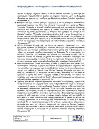 «Ενίσχυση της Ίδρυσης και Λειτουργίας Νέων Τουριστικών Μικρομεσαίων Επιχειρήσεων»
τηρείται σε Πάροχο Υπηρεσιών Πληρωμών από το οποίο θα προκύπτει ως δικαιούχος του
λογαριασμού ο προμηθευτής των αγαθών και υπηρεσιών προς τον λήπτη της Ενίσχυσης
(δικαιούχο) και ο καταθέτης – επενδυτής και (β) αναλυτικό καθολικό (καρτέλα) προμηθευτή
(λογαριασμός 50).
 Μεταφορά από τον εταιρικό τραπεζικό λογαριασμό ή τον ταυτοποιημένο επαγγελματικό
λογαριασμό πληρωμών του λήπτη της ενίσχυσης (δικαιούχου) που τηρείται σε Πάροχο
Υπηρεσιών Πληρωμών σε εταιρικό τραπεζικό λογαριασμό ή σε επαγγελματικό λογαριασμό
πληρωμών του προμηθευτή που τηρείται σε Πάροχο Υπηρεσιών Πληρωμών. Για την
πιστοποίηση της πληρωμής απαιτείται: (α) αντίγραφο του εγγράφου της τράπεζας ή του
Παρόχου Υπηρεσιών Πληρωμών για μεταφορά χρημάτων από το οποίο θα προκύπτουν τα
στοιχεία των λογαριασμών δικαιούχου και προμηθευτή (β) τα σχετικά έντυπα κίνησης των
επαγγελματικών τραπεζικών λογαριασμών ή των επαγγελματικών λογαριασμών πληρωμών
(extrait) της επιχορηγούμενης επιχείρησης και (γ) αναλυτικό καθολικό (καρτέλα) προμηθευτή
(λογαριασμός 50).
 Έκδοση Τραπεζικής Επιταγής από τον λήπτη της ενίσχυσης (δικαιούχου) προς τον
προμηθευτή. Πρόκειται για επιταγές που εκδίδονται από νόμιμα λειτουργούσα στην Ελλάδα
τράπεζα, είτε με αντίστοιχη κατάθεση μετρητών στην τράπεζα από το δικαιούχο, είτε με
χρέωση του εταιρικού τραπεζικού λογαριασμού του δικαιούχου. Για την πιστοποίηση της
πληρωμής απαιτείται: (α) αντίγραφο του σώματος της αντίστοιχης επιταγής, (β) σε
περίπτωση έκδοσης της επιταγής με χρέωση του εταιρικού τραπεζικού λογαριασμού του
δικαιούχου της ενίσχυσης, το έντυπο κίνησης του τραπεζικού λογαριασμού (extrait) του
λήπτη της ενίσχυσης και (γ) αναλυτικό καθολικό (καρτέλα) προμηθευτή (λογαριασμός50).
 Ηλεκτρονική συναλλαγή (κίνηση web-banking ή κίνηση μεταφοράς μέσω web από και προς
ταυτοποιημένο λογαριασμό πληρωμών που τηρείται σε Πάροχο Υπηρεσιών Πληρωμών). Για
την πιστοποίηση της πληρωμής απαιτούνται: (α) έντυπο κίνησης του εταιρικού λογαριασμού
(extrait) που τηρείται σε Τράπεζα ή σε Πάροχο Υπηρεσιών Πληρωμών του λήπτη της
ενίσχυσης (δικαιούχου), (β) αντίγραφο της ηλεκτρονικής συναλλαγής από το οποίο θα
προκύπτει ο λήπτης του ποσού πληρωμής, δηλαδή ο προμηθευτής των αγαθών και
υπηρεσιών και ο πληρωτής/καταθέτης, δηλαδή ο δικαιούχος της ενίσχυσης και (γ) αναλυτικό
καθολικό (καρτέλα) προμηθευτή (λογαριασμός 50).
 Εξόφληση μέσω κάρτας πληρωμών (χρεωστικής, πιστωτικής, προπληρωμένης). Προϋπόθεση
για την πιστοποίηση της πληρωμής είναι η κάρτα να έχει εκδοθεί στο όνομα του δικαιούχου
της ενίσχυσης (εταιρικής σε περίπτωση Νομικού Προσώπου), είτε να συνδέεται απαραιτήτως
με λογαριασμό πληρωμών που τηρείται σε Πάροχο Υπηρεσιών Πληρωμών στο όνομα του
δικαιούχου της ενίσχυσης, δηλαδή του επιχειρηματία μόνο στην περίπτωση των ατομικών
επιχειρήσεων και οπωσδήποτε εταιρική σε περίπτωση που ο δικαιούχος της ενίσχυσης είναι
εταιρεία. Σε κάθε περίπτωση πρέπει να υπάρχει επαρκής διαδρομή ελέγχου, δηλαδή να
αποδεικνύεται η αγορά των αντίστοιχων αγαθών/υπηρεσιών και η χρέωση της κάρτας του
Δικαιούχου (ανεξάρτητα εάν η συναλλαγή αυτή πραγματοποιείται με δόσεις ή με εφάπαξ
καταβολή). Για την πιστοποίηση απαιτούνται: (α) αντίγραφο κίνησης κάρτας ή λογαριασμού
πληρωμών του λήπτη της ενίσχυσης (δικαιούχου) που τηρείται σε Πάροχο Υπηρεσιών
Πληρωμών που αποτυπώνει τις κινήσεις της κάρτας και στο οποίο να εμφαίνεται μία δόση ή η
εφάπαξ καταβολή για τη συναλλαγή και (β) αναλυτικό καθολικό (καρτέλα) προμηθευτή
(λογαριασμός 50).
Πρόσκληση: Ο.Ι.1_ΚΕ_1
Έκδοση: 1η
Ημερ/νια: xx.xx.2017
Σελίδα 45 από 62
ΑΔΑ: ΩΞ16465ΧΙ8-Ο4Θ
 