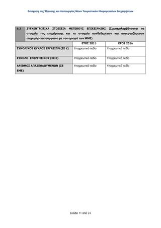 Ενίσχυση της Ίδρυσης και Λειτουργίας Νέων Τουριστικών Μικρομεσαίων Επιχειρήσεων
Σελίδα 11 από 24
6.3 ΣΥΓΚΕΝΤΡΩΤΙΚΑ ΣΤΟΙΧΕΙΑ ΜΕΓΕΘΟΥΣ ΕΠΙΧΕΙΡΗΣΗΣ (Συμπεριλαμβάνονται τα
στοιχεία της επιχείρησης και τα στοιχεία συνδεδεμένων και συνεργαζόμενων
επιχειρήσεων σύμφωνα με τον ορισμό των ΜΜΕ)
ΕΤΟΣ 2015 ΕΤΟΣ 2016
ΣΥΝΟΛΙΚΟΣ ΚΥΚΛΟΣ ΕΡΓΑΣΙΩΝ (ΣΕ €) Υποχρεωτικό πεδίο Υποχρεωτικό πεδίο
ΣΥΝΟΛΟ ΕΝΕΡΓΗΤΙΚΟΥ (ΣΕ €) Υποχρεωτικό πεδίο Υποχρεωτικό πεδίο
ΑΡΙΘΜΟΣ ΑΠΑΣΧΟΛΟΥΜΕΝΩΝ (ΣΕ
ΕΜΕ)
Υποχρεωτικό πεδίο Υποχρεωτικό πεδίο
ΑΔΑ: ΩΞ16465ΧΙ8-Ο4Θ
 