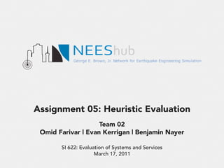 Assignment 05: Heuristic Evaluation
Team 02
Omid Farivar | Evan Kerrigan | Benjamin Nayer
SI 622: Evaluation of Systems and Services
March 17, 2011

 