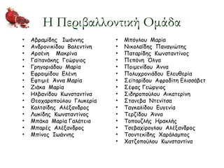 Η Περιβαλλοντική Ομάδα
• Αβραμίδης Ιωάννης
• Ανδρονικίδου Βαλεντίνη
• Αρσένη Μακρίνα
• Γαϊτανάκης Γεώργιος
• Γρηγοριάδου Μαρία
• Εφραιμίδου Ελένη
• Εφτιμιέ Άννα Μαρία
• Ζιάκα Μαρία
• Ηλβανίδου Κωνσταντίνα
• Θεοχαροπούλου Γλυκερία
• Καλτσίδης Αλέξανδρος
• Λυκίδης Κωνσταντίνος
• Μπάκα Μαρία Γαλάτεια
• Μπαρές Αλέξανδρος
• Μπίνος Ιωάννης
• Μπόγλου Μαρία
• Νικολαΐδης Παναγιώτης
• Παταρίδης Κωνσταντίνος
• Πεπόνη Όλγα
• Ποιμενίδου Άννα
• Πολυχρονιάδου Ελευθερία
• Σεϊταρίδου Αφροδίτη Ελισσάβετ
• Σέφας Γεώργιος
• Σιδηροπούλου Αικατερίνη
• Στανεβα Ντενίτσα
• Ταγκαλίδου Ευγενία
• Τερζίδου Άννα
• Τοπουζλής Ηρακλής
• Τσεβαχίρογλου Αλέξανδρος
• Τσοντεκίδης Χαράλαμπος
• Χατζοπούλου Κωνσταντίνα
 