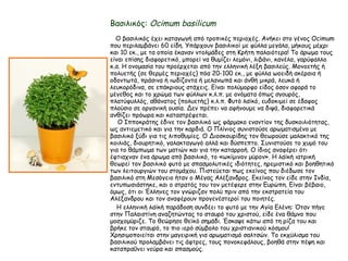 Βασιλικός: Ocimum basilicum
Ο βασιλικός έχει καταγωγή από τροπικές περιοχές. Ανήκει στο γένος Ocimum
που περιλαμβάνει 60 είδη. Υπάρχουν βασιλικοί με φύλλα μεγάλα, μήκους μέχρι
και 10 εκ., με τα οποία έκαναν ντολμάδες στη Κρήτη παλαιότερα! Το άρωμα τους
είναι επίσης διαφορετικό, μπορεί να θυμίζει λεμόνι, λιβάνι, κανέλα, γαρύφαλλο
κ.α. Η ονομασία του προέρχεται από την ελληνική λέξη βασιλεύς. Μονοετής ή
πολυετής (σε θερμές περιοχές) πόα 20-100 εκ., με φύλλα ωοειδή ακέραια ή
οδοντωτά, πράσινα ή ιωδίζοντα ή μελανωπά και άνθή μικρά, λευκά ή
λευκορόδινα, σε επάκριους στάχεις. Είναι πολύμορφο είδος όσον αφορά το
μέγεθος και το χρώμα των φύλλων κ.λ.π. με ονόματα όπως σγουρός,
πλατύφυλλός, αθάνατος (πολυετής) κ.λ.π. Φυτό λαϊκό, ευδοκιμεί σε έδαφος
πλούσιο σε οργανική ουσία. Δεν πρέπει να αφήνουμε να διψά, διαφορετικά
ανθίζει πρόωρα και καταστρέφεται.
Ο Ιπποκράτης έδινε τον βασιλικό ως φάρμακο εναντίον της δυσκοιλιότητας,
ως αντιεμετικό και για την καρδιά. Ο Πλίνιος συνιστούσε αρωματισμένο με
βασιλικό ξύδι για τις λιποθυμίες. Ο Διοσκουρίδης τον θεωρούσε μαλακτικό της
κοιλιάς, διουρητικό, γαλακταγωγό αλλά και δύσπεπτο. Συνιστούσε το χυμό του
για το θάμπωμα των ματιών και για την καταρροή. Ο ίδιος αναφέρει ότι
έφτιαχναν ένα άρωμα από βασιλικό, το «ωκίμινον μύρον». Η λαϊκή ιατρική
θεωρεί τον βασιλικό φυτό με σπασμολυτικές ιδιότητες, ηρεμιστικό και βοηθητικό
των λειτουργιών του στομάχου. Πιστεύεται πως εκείνος που διέδωσε τον
βασιλικό στη Μεσόγειο ήταν ο Μέγας Αλέξανδρος. Εκείνος τον είδε στην Ινδία,
εντυπωσιάστηκε, και ο στρατός του τον μετέφερε στην Ευρώπη. Είναι βέβαιο,
όμως, ότι οι Έλληνες τον γνώριζαν πολύ πριν από την εκστρατεία του
Αλέξανδρου και τον αναφέρουν προγενέστεροί του ποιητές.
Η ελληνική λαϊκή παράδοση συνδέει το φυτό με την Αγία Ελένη: Όταν πήγε
στην Παλαιστίνη αναζητώντας το σταυρό του χριστού, είδε ένα θάμνο που
μοσχομύριζε. Το θεώρησε θεϊκό σημάδι. Έσκαψε κάτω από τη ρίζα του και
βρήκε τον σταυρό, το πιο ιερό σύμβολο του χριστιανικού κόσμου!
Χρησιμοποιείται στην μαγειρική για αρωματισμό σαλτσών. Το εκχύλισμα του
βασιλικού προλαμβάνει τις άφτρες, τους πονοκεφάλους, βοηθά στην πέψη και
καταπραΰνει νεύρα και σπασμούς.
 