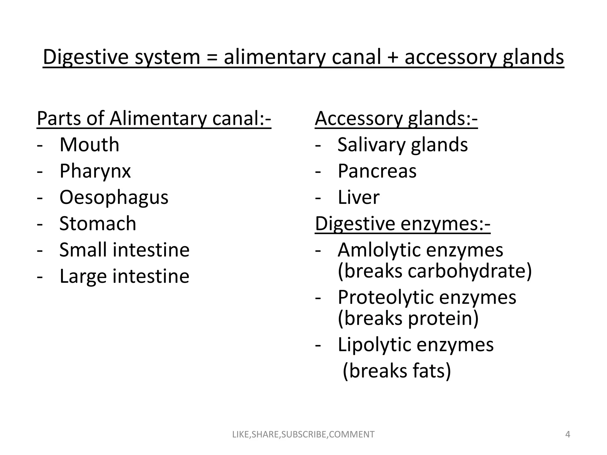 Digestive system = alimentary canal + accessory glands
Parts of Alimentary canal:-
- Mouth
- Pharynx
- Oesophagus
- Stomach
Accessory glands:-
- Salivary glands
- Pancreas
- Liver
Digestive enzymes:-- Stomach
- Small intestine
- Large intestine
Digestive enzymes:-
- Amlolytic enzymes
(breaks carbohydrate)
- Proteolytic enzymes
(breaks protein)
- Lipolytic enzymes
(breaks fats)
LIKE,SHARE,SUBSCRIBE,COMMENT 4
 