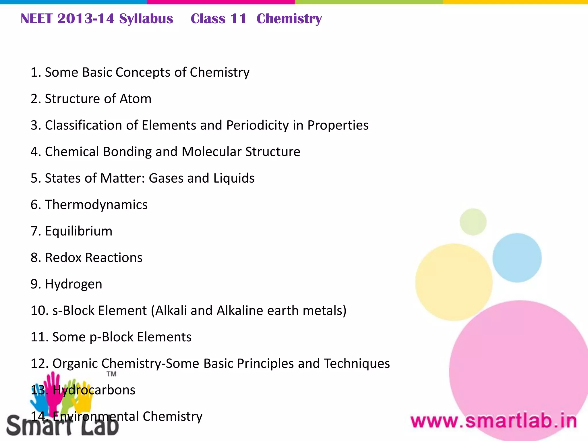 NEET 2013-14 Syllabus Class 11 Chemistry
1. Some Basic Concepts of Chemistry
2. Structure of Atom
3. Classification of Elements and Periodicity in Properties
4. Chemical Bonding and Molecular Structure
5. States of Matter: Gases and Liquids
6. Thermodynamics
7. Equilibrium
8. Redox Reactions
9. Hydrogen
10. s-Block Element (Alkali and Alkaline earth metals)
11. Some p-Block Elements
12. Organic Chemistry-Some Basic Principles and Techniques
13. Hydrocarbons
14. Environmental Chemistry
 