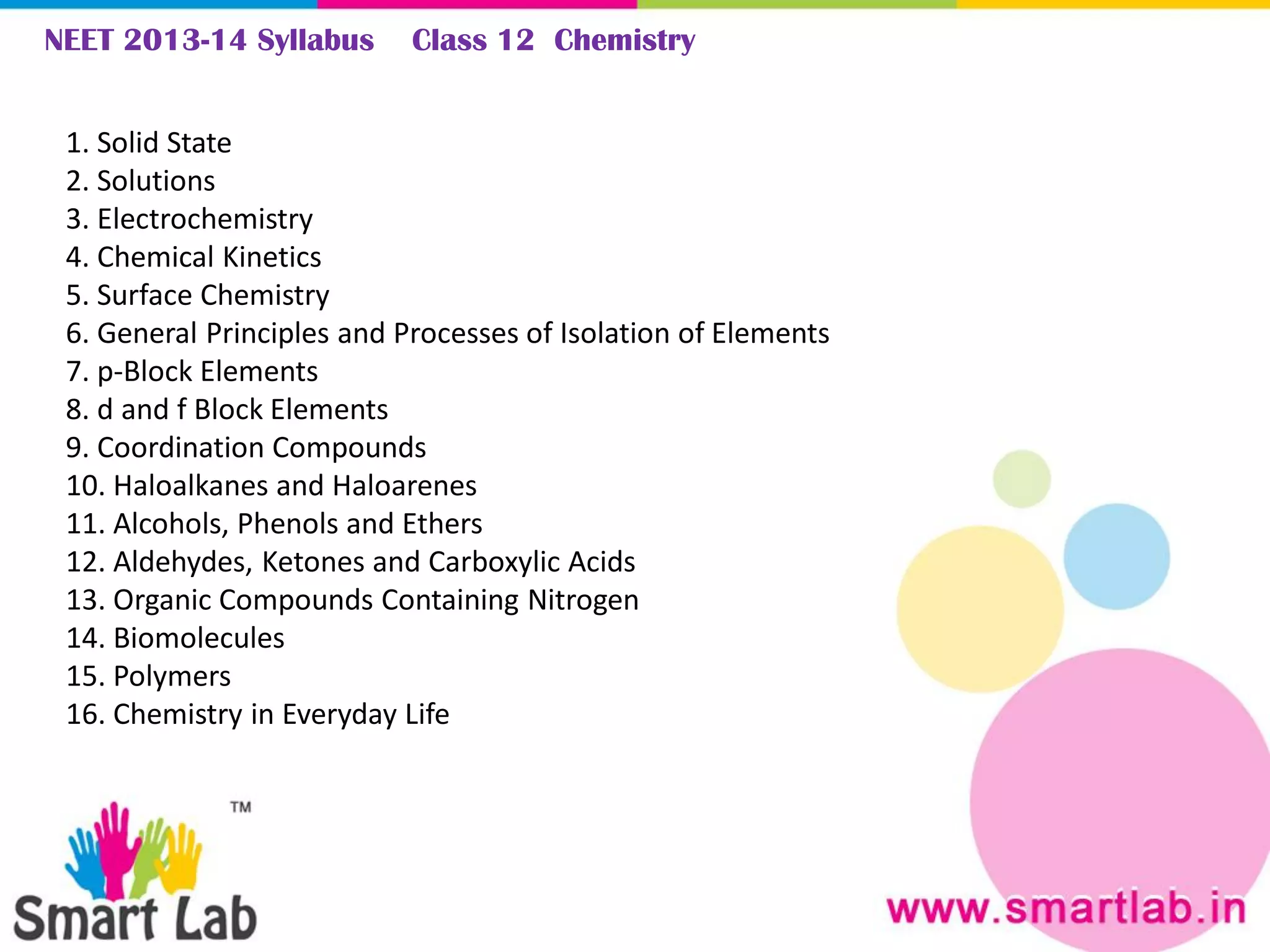 NEET 2013-14 Syllabus Class 12 Chemistry
1. Solid State
2. Solutions
3. Electrochemistry
4. Chemical Kinetics
5. Surface Chemistry
6. General Principles and Processes of Isolation of Elements
7. p-Block Elements
8. d and f Block Elements
9. Coordination Compounds
10. Haloalkanes and Haloarenes
11. Alcohols, Phenols and Ethers
12. Aldehydes, Ketones and Carboxylic Acids
13. Organic Compounds Containing Nitrogen
14. Biomolecules
15. Polymers
16. Chemistry in Everyday Life
 