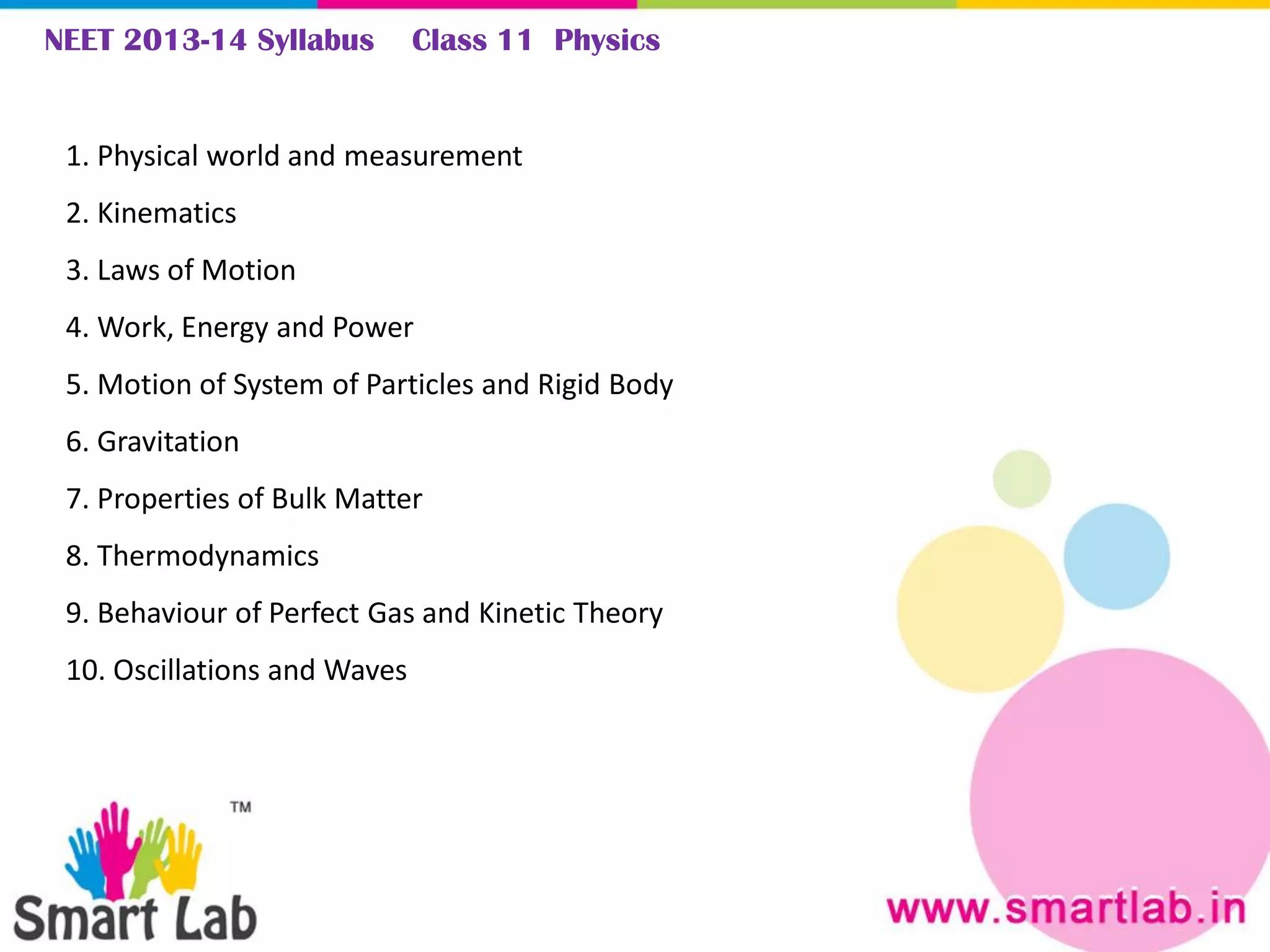 NEET 2013-14 Syllabus Class 11 Physics
1. Physical world and measurement
2. Kinematics
3. Laws of Motion
4. Work, Energy and Power
5. Motion of System of Particles and Rigid Body
6. Gravitation
7. Properties of Bulk Matter
8. Thermodynamics
9. Behaviour of Perfect Gas and Kinetic Theory
10. Oscillations and Waves
 