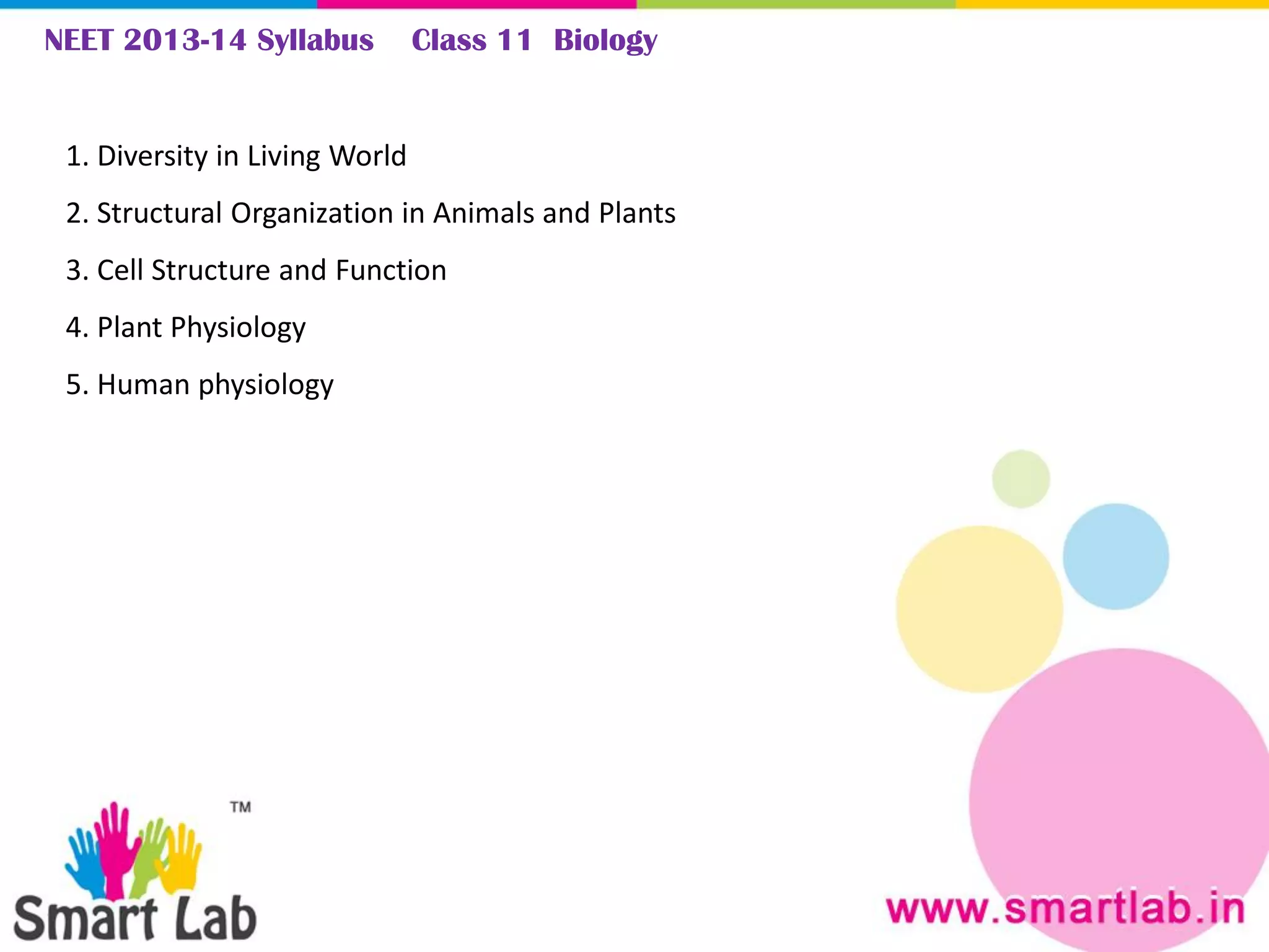 NEET 2013-14 Syllabus Class 11 Biology
1. Diversity in Living World
2. Structural Organization in Animals and Plants
3. Cell Structure and Function
4. Plant Physiology
5. Human physiology
 