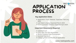 APPLICATION
PROCESS
Key Application Dates
Application Form Release: Expected February
2025
Last Date to Apply: Expected March 2025
Form Correction Window: Expected April 2025
Important Documents Required
Valid ID Proof
Class 10th and 12th Marksheets
Recent Passport Size Photographs
Scanned Signature
Category/PwD Certificates (if applicable)
www.neetopedia.com
 