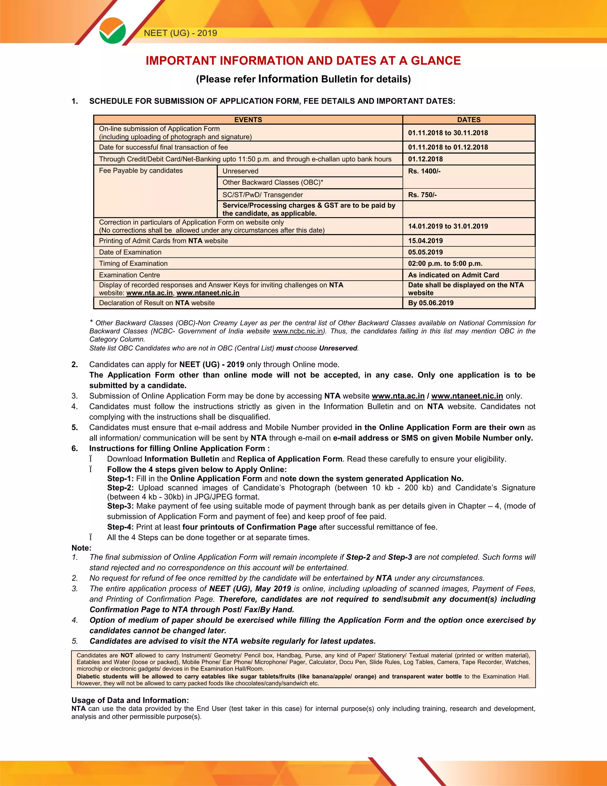 Information Bulletin for NEET 2019 (UG) | Singla Consultancy- MBBS Abroad |  PDF