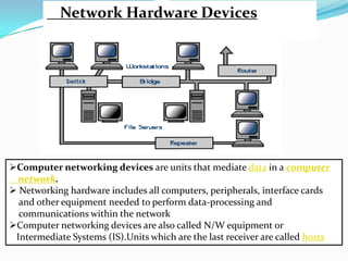 Network Hardware Devices




Computer networking devices are units that mediate data in a computer
  network.
 Networking hardware includes all computers, peripherals, interface cards
  and other equipment needed to perform data-processing and
  communications within the network
Computer networking devices are also called N/W equipment or
 Intermediate Systems (IS).Units which are the last receiver are called hosts
 