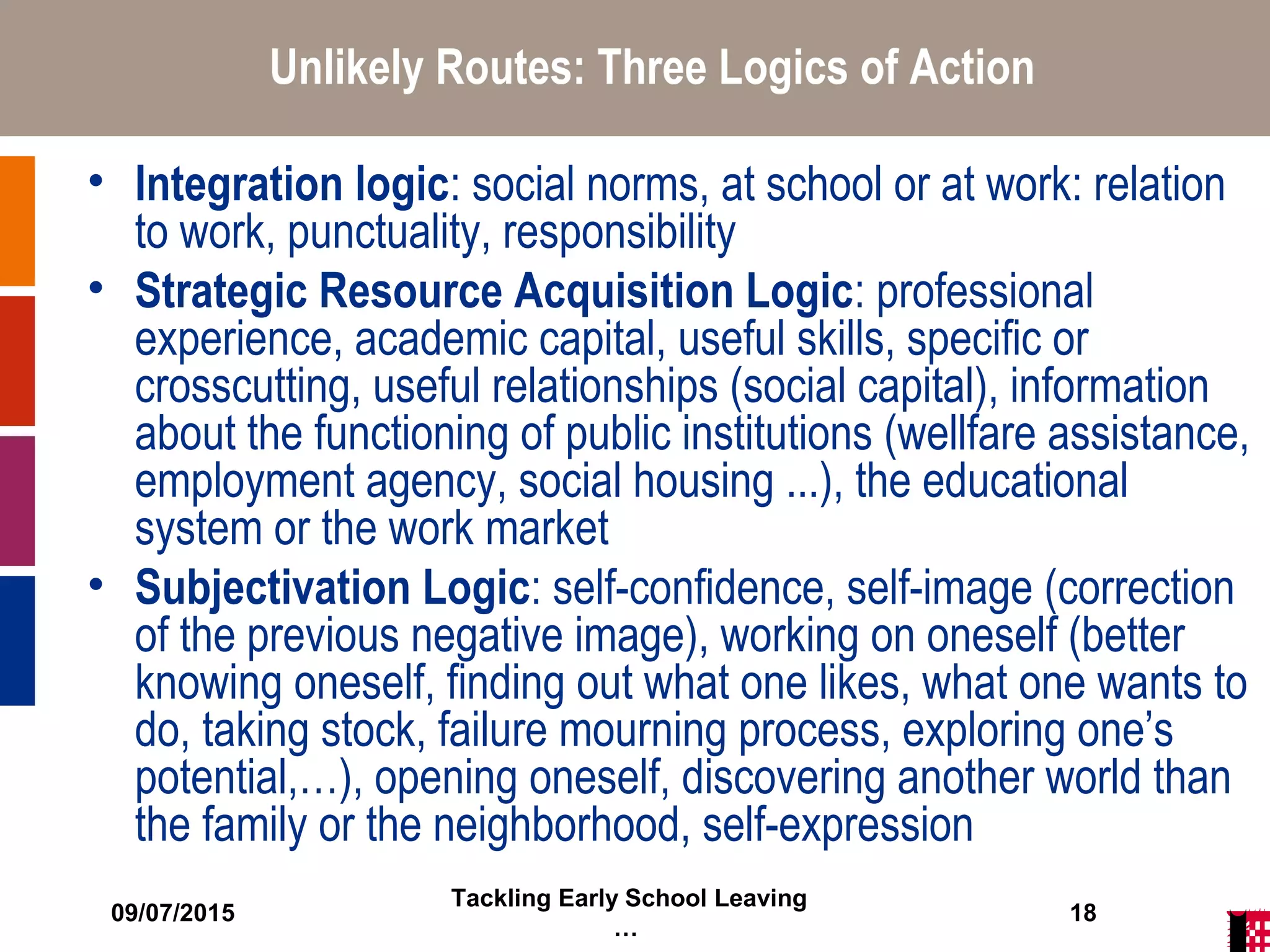 09/07/2015
Tackling Early School Leaving
…
18
Unlikely Routes: Three Logics of Action
• Integration logic: social norms, at school or at work: relation
to work, punctuality, responsibility
• Strategic Resource Acquisition Logic: professional
experience, academic capital, useful skills, specific or
crosscutting, useful relationships (social capital), information
about the functioning of public institutions (wellfare assistance,
employment agency, social housing ...), the educational
system or the work market
• Subjectivation Logic: self-confidence, self-image (correction
of the previous negative image), working on oneself (better
knowing oneself, finding out what one likes, what one wants to
do, taking stock, failure mourning process, exploring one’s
potential,…), opening oneself, discovering another world than
the family or the neighborhood, self-expression
 