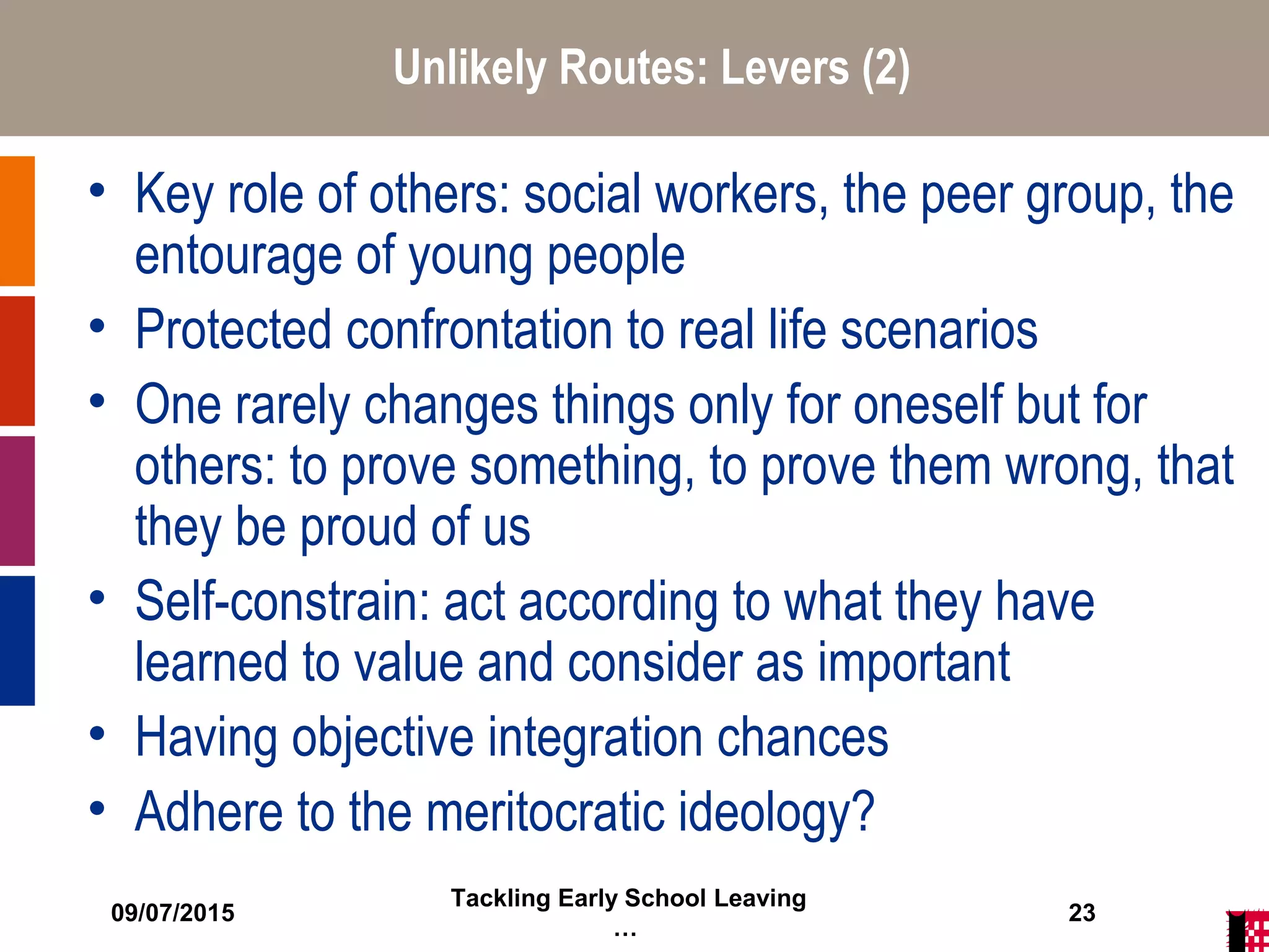 09/07/2015
Tackling Early School Leaving
…
23
Unlikely Routes: Levers (2)
• Key role of others: social workers, the peer group, the
entourage of young people
• Protected confrontation to real life scenarios
• One rarely changes things only for oneself but for
others: to prove something, to prove them wrong, that
they be proud of us
• Self-constrain: act according to what they have
learned to value and consider as important
• Having objective integration chances
• Adhere to the meritocratic ideology?
 