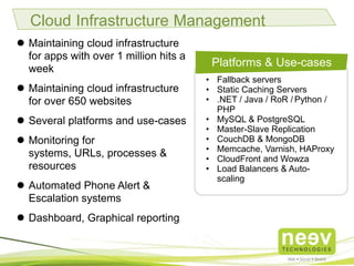 • Maintaining cloud infrastructure for
apps with over 1 million hits a week.
• Maintaining cloud infrastructure for
over 650 websites.
• Several platforms and use-cases.
• Monitoring for systems, URLs,
processes & resources.
• Automated Phone Alert & Escalation
systems.
• Dashboard, Graphical reporting.
Fallback servers
Static Caching Servers
.NET / Java / RoR /Python / PHP
MySQL & PostgreSQL
Master-Slave Replication
CouchDB & MongoDB
Memcache, Varnish, HAProxy
CloudFront and Wowza
Load Balancers & Auto-scaling
Platforms & Use-cases
Cloud Infrastructure Management
 
