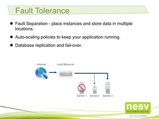 • Fault Separation - place instances and store data in multiple locations.
• Auto-scaling policies to keep your application running.
• Database replication and fail-over.
Fault Tolerance
 