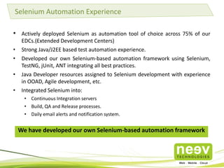 Selenium Automation Experience
• Actively deployed Selenium as automation tool of choice across 75% of our
•
•

•
•

EDCs.(Extended Development Centers)
Strong Java/J2EE based test automation experience.
Developed our own Selenium-based automation framework using Selenium,
TestNG, jUnit, ANT integrating all best practices.
Java Developer resources assigned to Selenium development with experience
in OOAD, Agile development, etc.
Integrated Selenium into:
• Continuous Integration servers
• Build, QA and Release processes.
• Daily email alerts and notification system.

We have developed our own Selenium-based automation framework

 