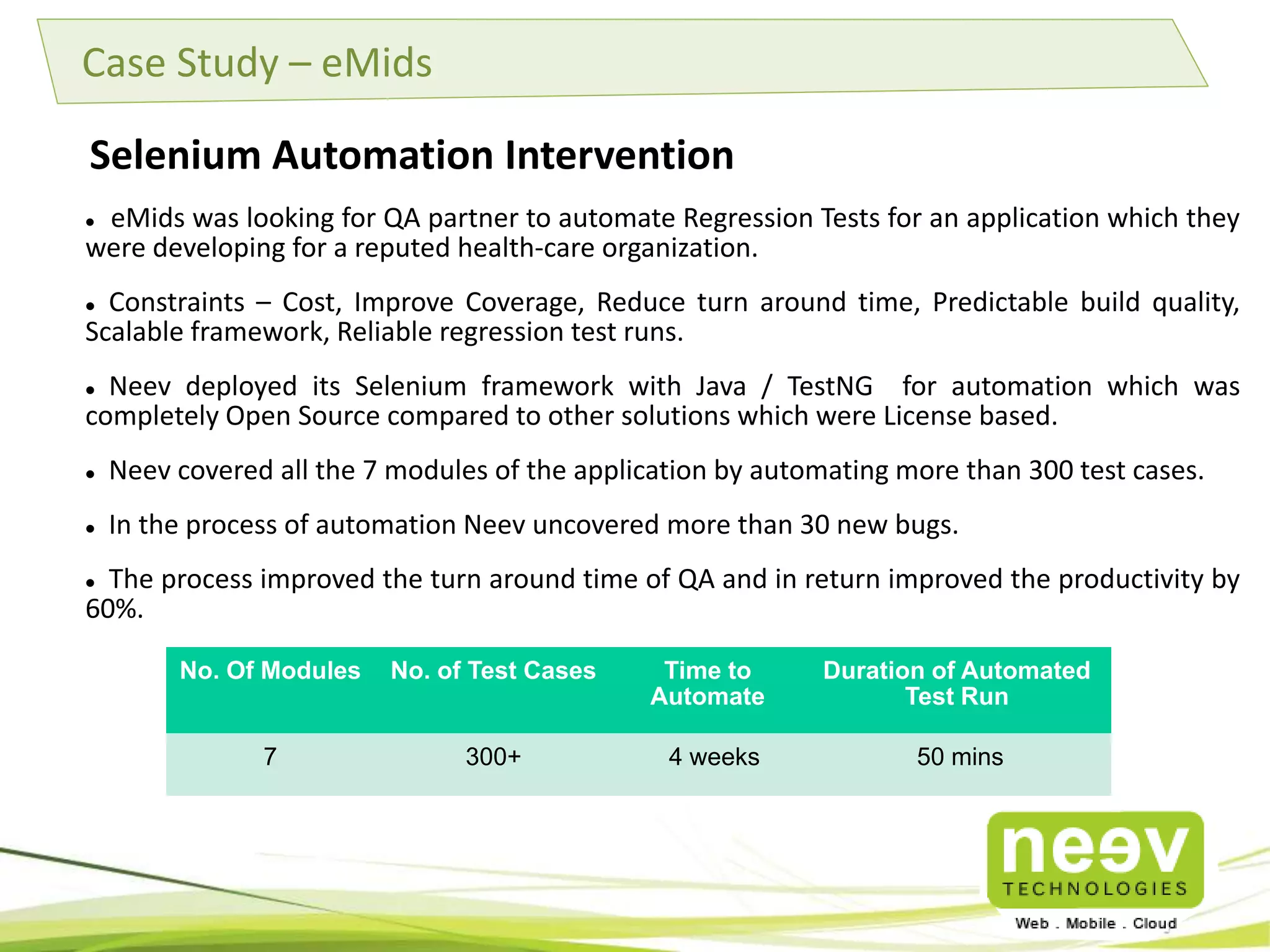 Tools & Platforms 
1. Apache Jmeter 
2. Amazon Web Services 
3. Apache Benchmark (ab) 
4. 3rd Party Services (Saucelabs, Blazemeter) 
5. APM Solutions (New Relic, AppDynamics) 
6. Custom scripts for capturing custom metrics 
Tools and Technologies 
 