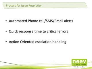Process for Issue Resolution

• Automated Phone call/SMS/Email alerts
• Quick response time to critical errors
• Action Oriented escalation handling

 