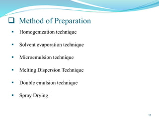  Method of Preparation
 Homogenization technique
 Solvent evaporation technique
 Microemulsion technique
 Melting Dispersion Technique
 Double emulsion technique
 Spray Drying
11
 