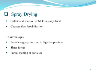  Spray Drying
 Colloidal dispersion of NLC is spray dried
 Cheaper than lyophilization
Disadvantages:
 Particle aggregation due to high temperature
 Shear forces
 Partial melting of particles
19
 
