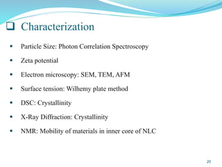  Characterization
 Particle Size: Photon Correlation Spectroscopy
 Zeta potential
 Electron microscopy: SEM, TEM, AFM
 Surface tension: Wilhemy plate method
 DSC: Crystallinity
 X-Ray Diffraction: Crystallinity
 NMR: Mobility of materials in inner core of NLC
20
 