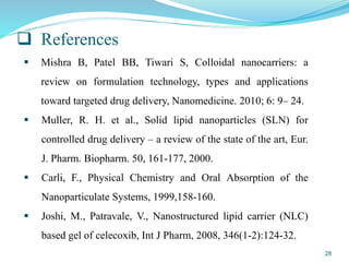  References
 Mishra B, Patel BB, Tiwari S, Colloidal nanocarriers: a
review on formulation technology, types and applications
toward targeted drug delivery, Nanomedicine. 2010; 6: 9– 24.
 Muller, R. H. et al., Solid lipid nanoparticles (SLN) for
controlled drug delivery – a review of the state of the art, Eur.
J. Pharm. Biopharm. 50, 161-177, 2000.
 Carli, F., Physical Chemistry and Oral Absorption of the
Nanoparticulate Systems, 1999,158-160.
 Joshi, M., Patravale, V., Nanostructured lipid carrier (NLC)
based gel of celecoxib, Int J Pharm, 2008, 346(1-2):124-32.
28
 