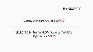 CarsByCylinders?Cylinders=V12
SELECTED Id, Name FROM Supercar WHERE
Cylinders = ‘V12’‘
‘
‘
 